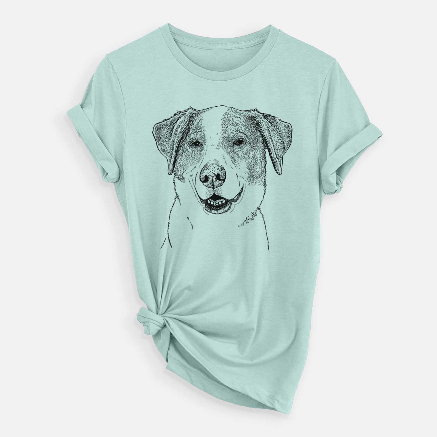Hand-drawn sketch of Piper Pilot the Hound Mix on a Heather Sage Unisex crewneck