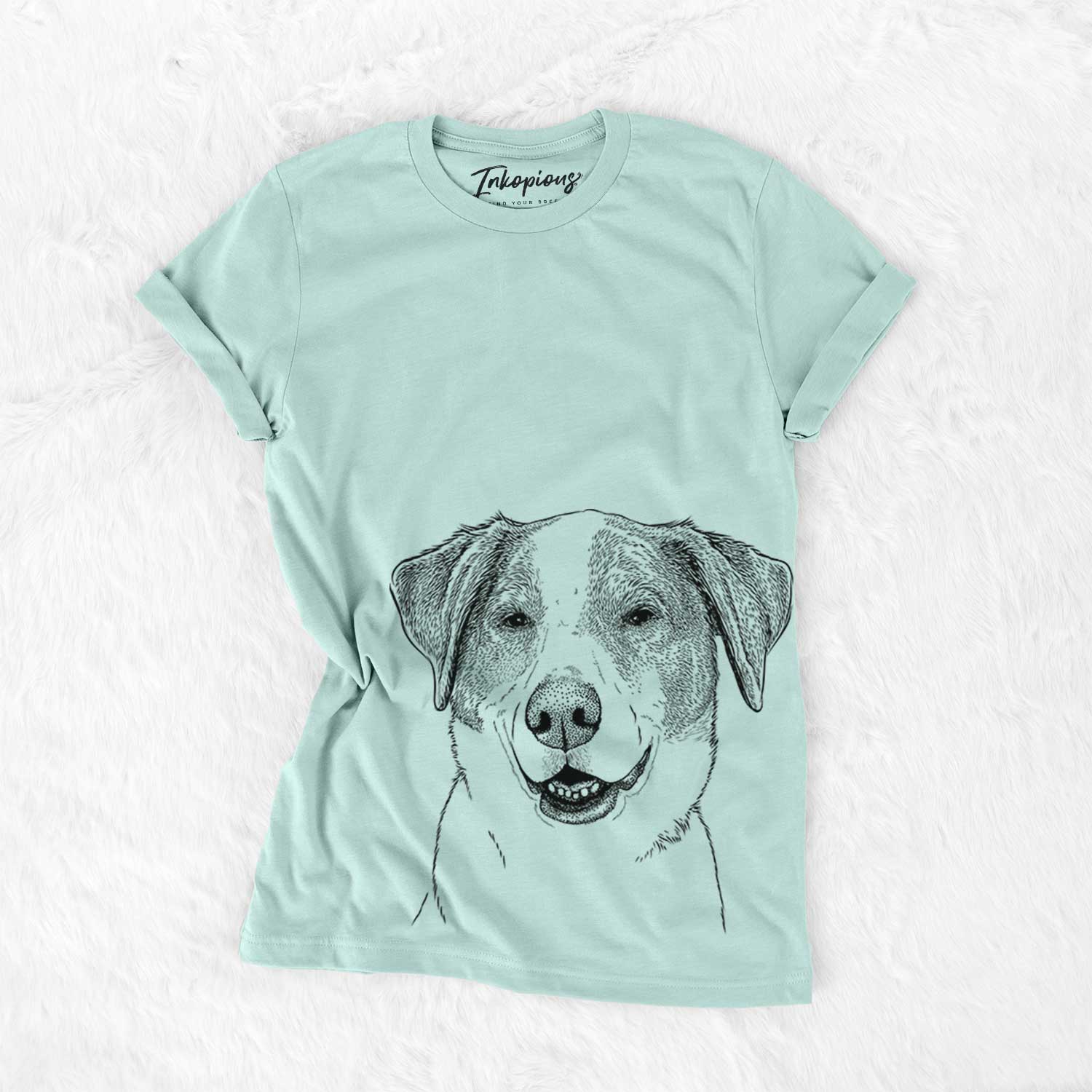 Hand-drawn sketch of Piper Pilot the Hound Mix on a Heather Sage Unisex crewneck