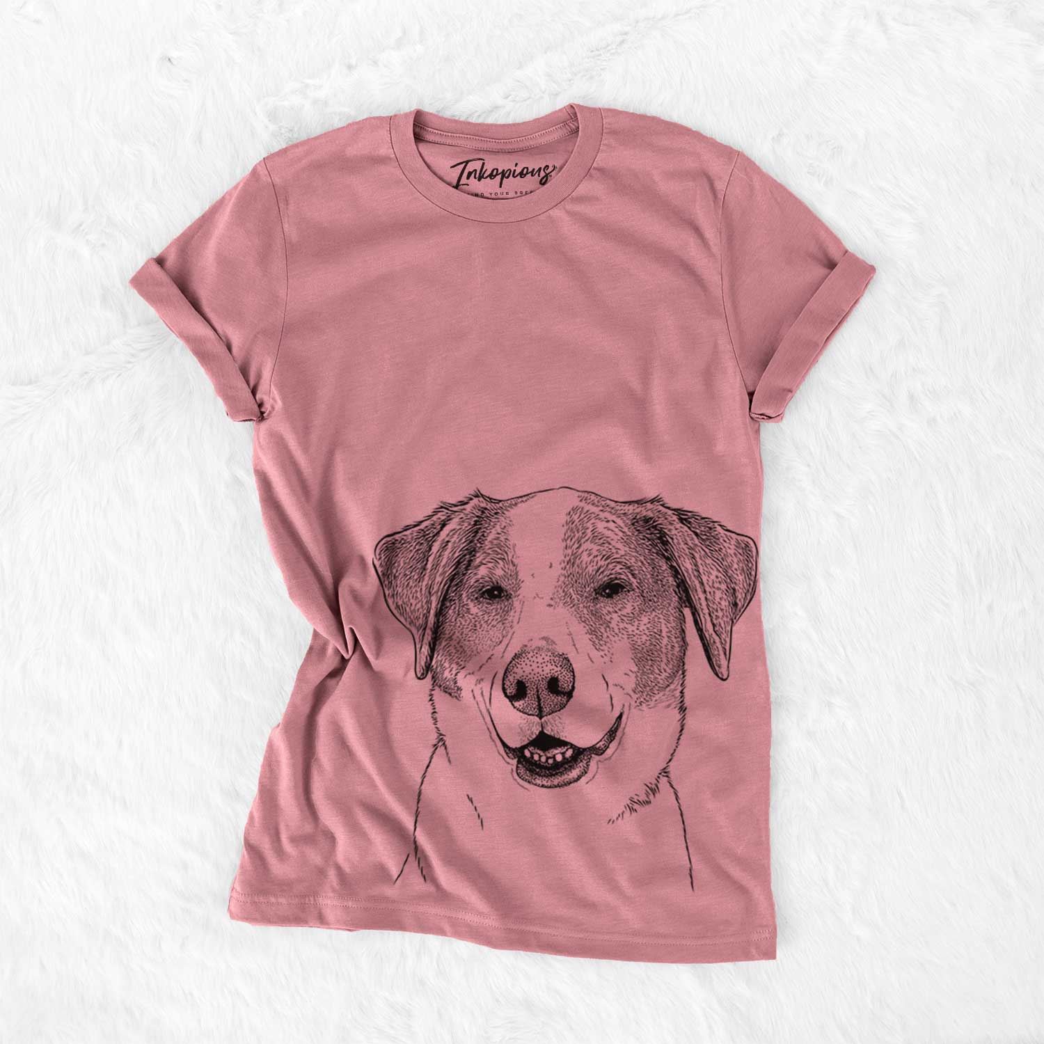 Hand-drawn sketch of Piper Pilot the Hound Mix on a Mauve Unisex crewneck