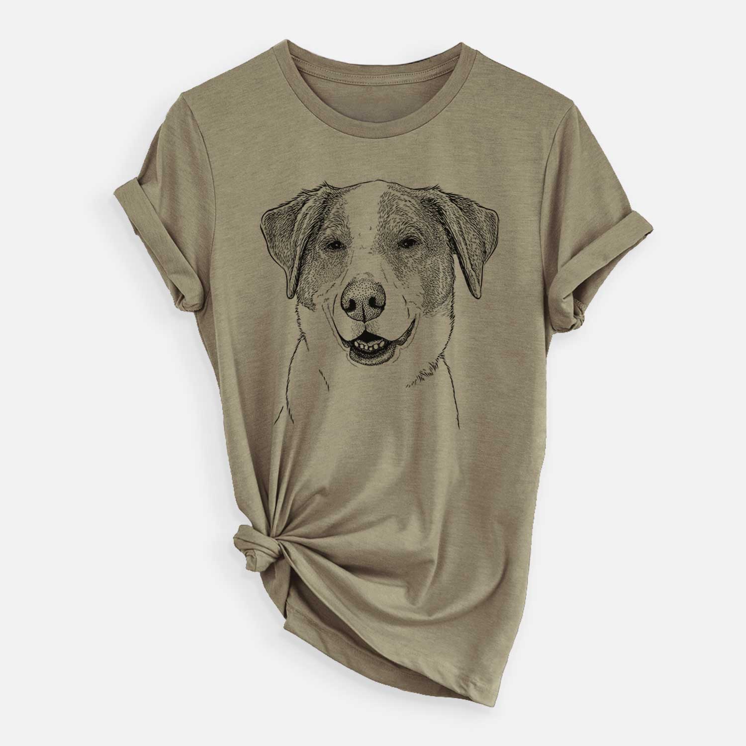 Hand-drawn sketch of Piper Pilot the Hound Mix on an Olive Unisex crewneck