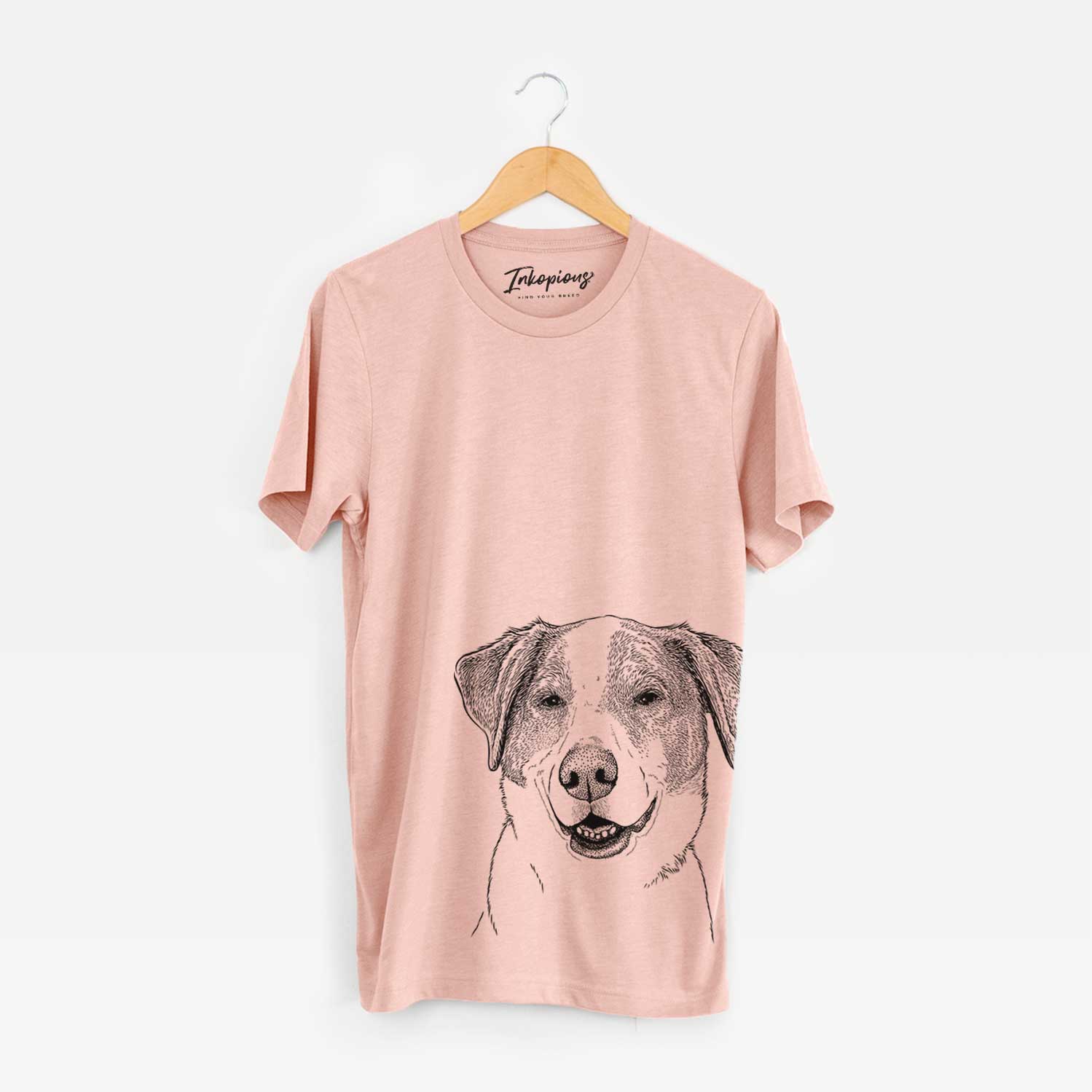 Hand-drawn sketch of Piper Pilot the Hound Mix on a Peach Unisex crewneck