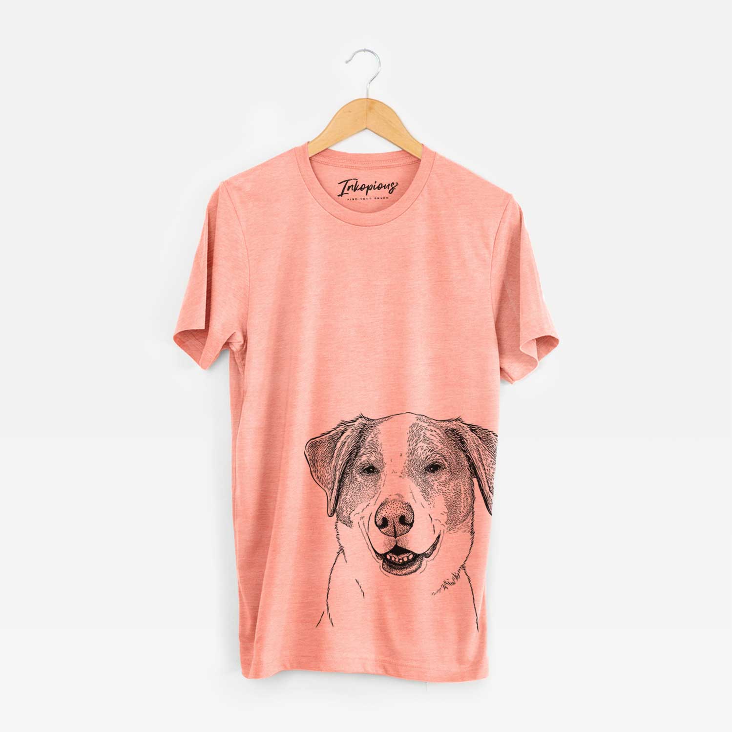 Hand-drawn sketch of Piper Pilot the Hound Mix on a Sunset Unisex crewneck