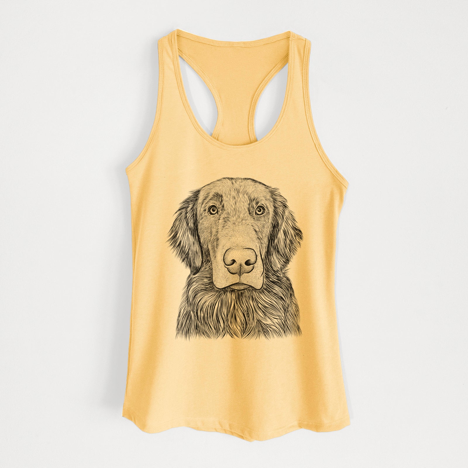 Hand-drawn sketch of Pippin the Flat Coated Retriever on a Banana Cream Women's racerback tanktop