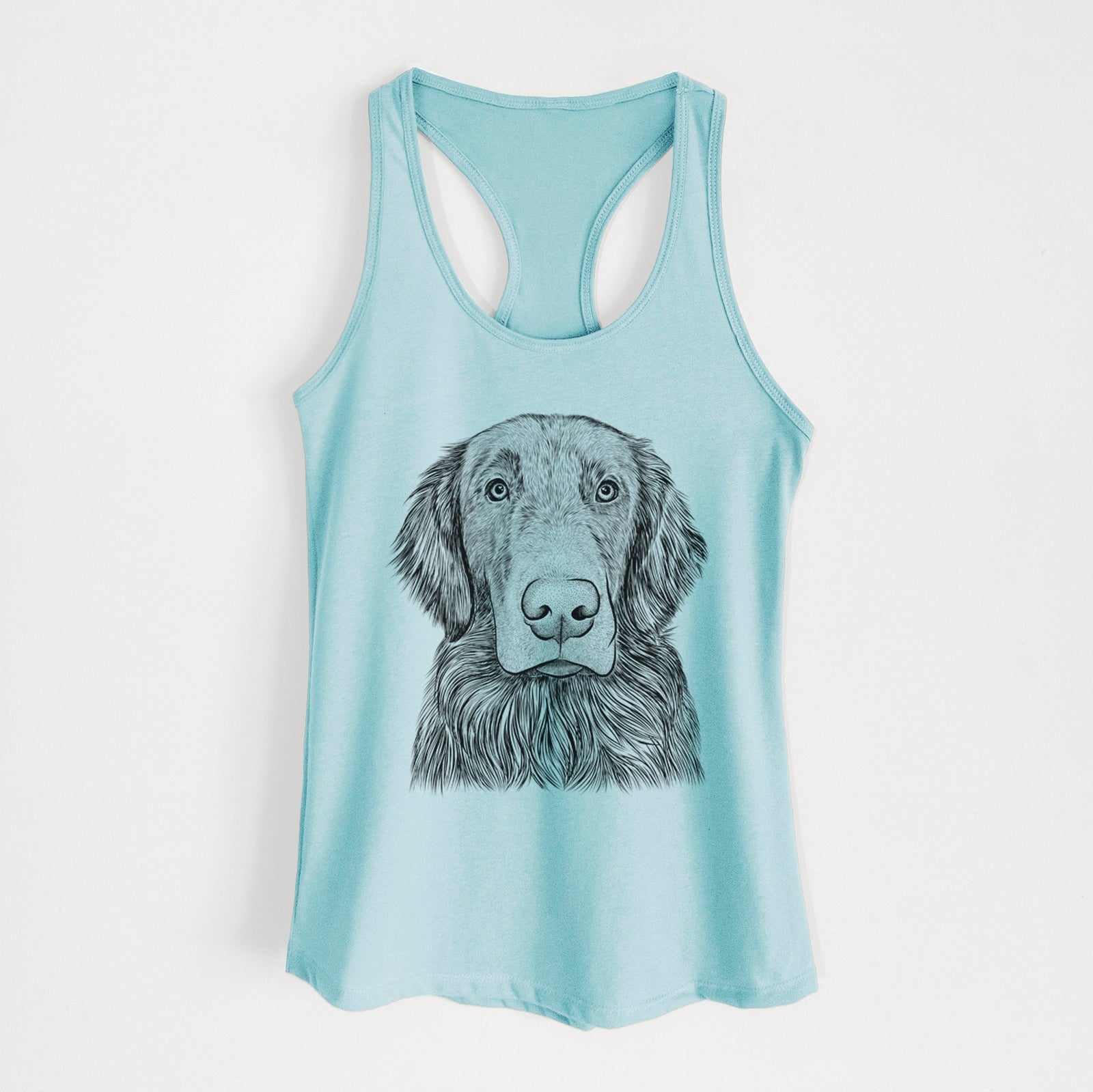 Hand-drawn sketch of Pippin the Flat Coated Retriever on a Cancun Blue Women's racerback tanktop
