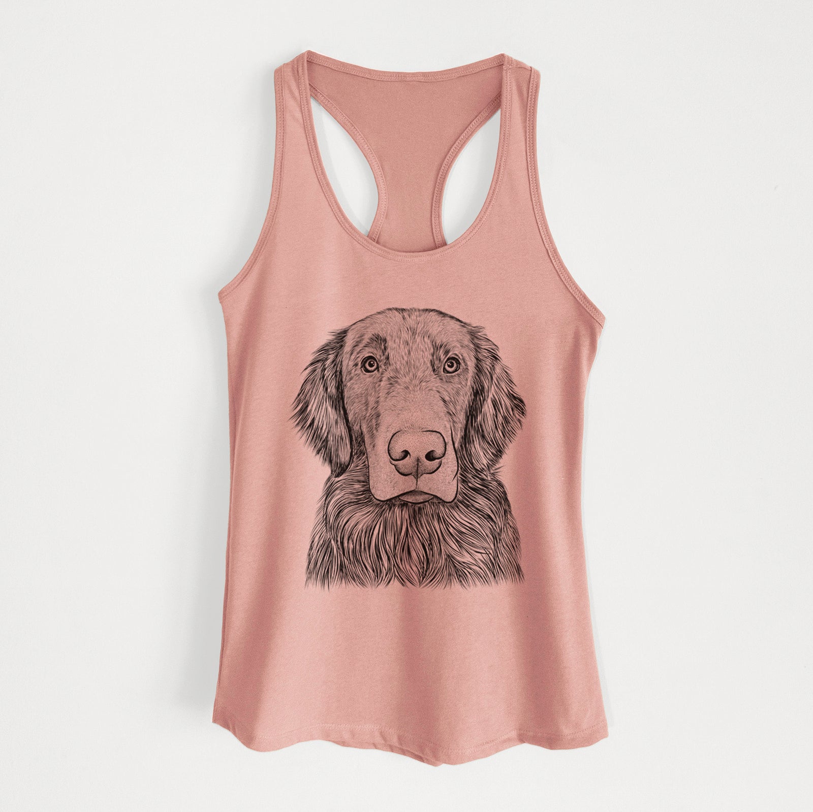 Hand-drawn sketch of Pippin the Flat Coated Retriever on a Desert Pink Women's racerback tanktop