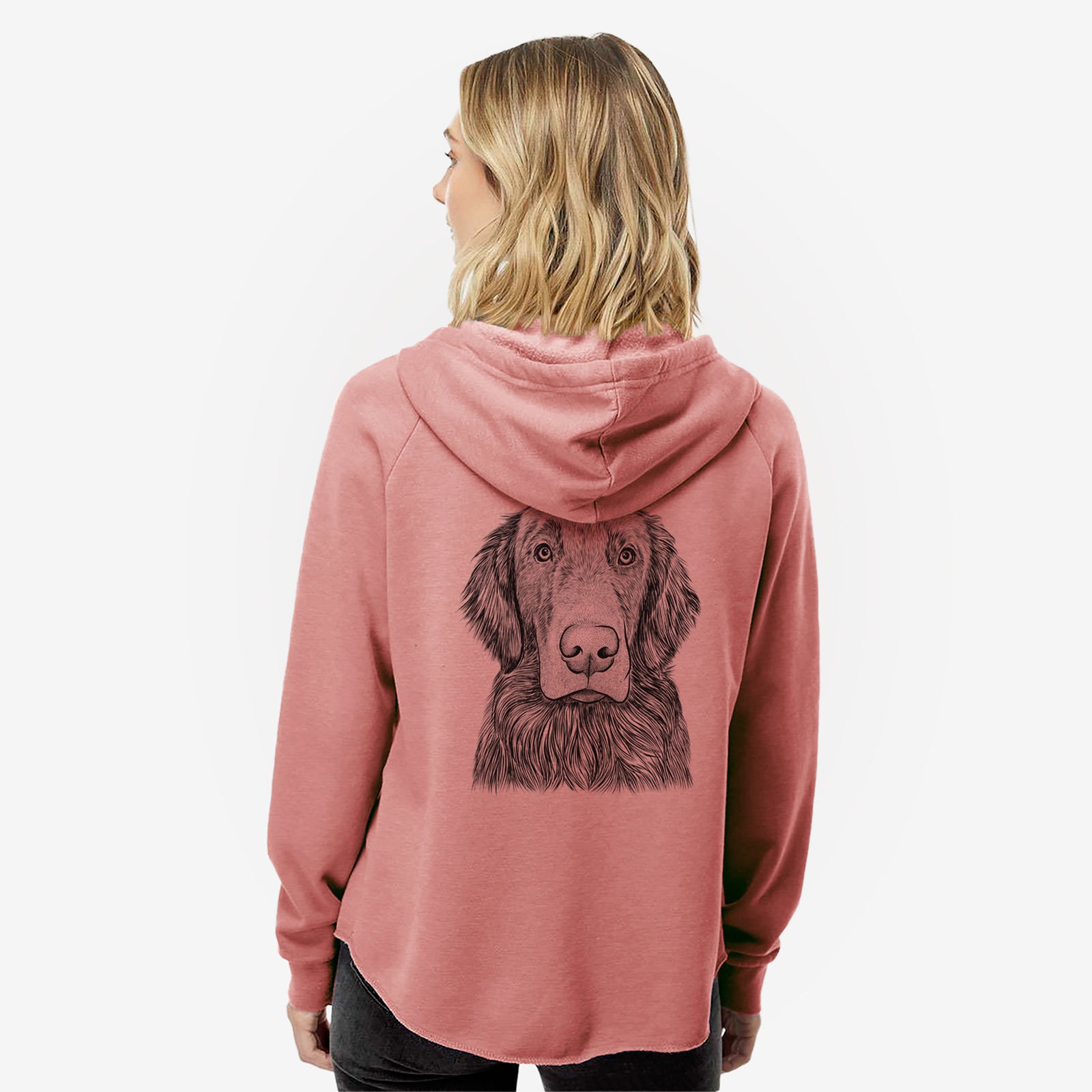 Hand-drawn sketch of Pippin the Flat Coated Retriever on a Dusty Rose Women's cali wave zip-up sweatshirt