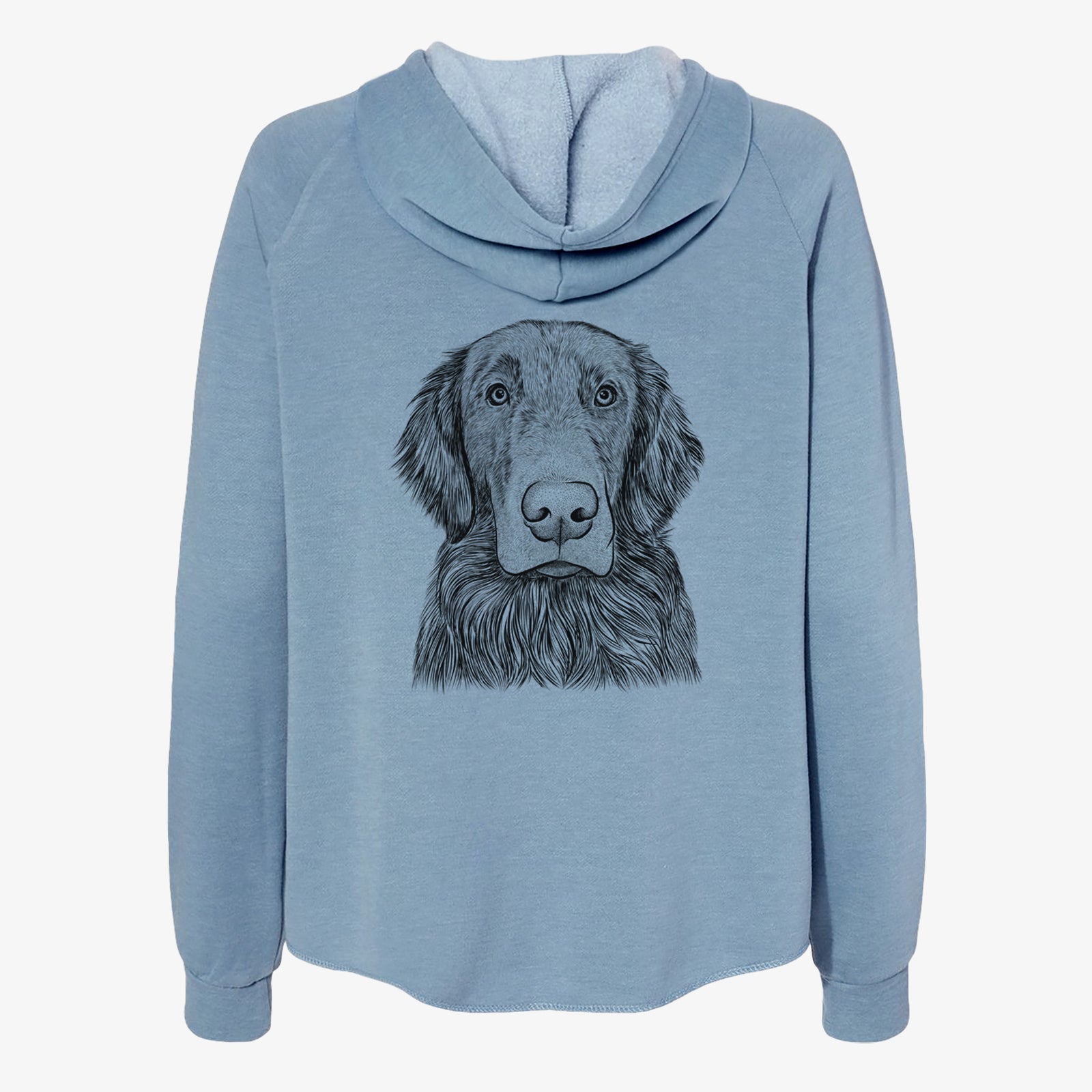 Hand-drawn sketch of Pippin the Flat Coated Retriever on a Misty Blue Women's cali wave zip-up sweatshirt