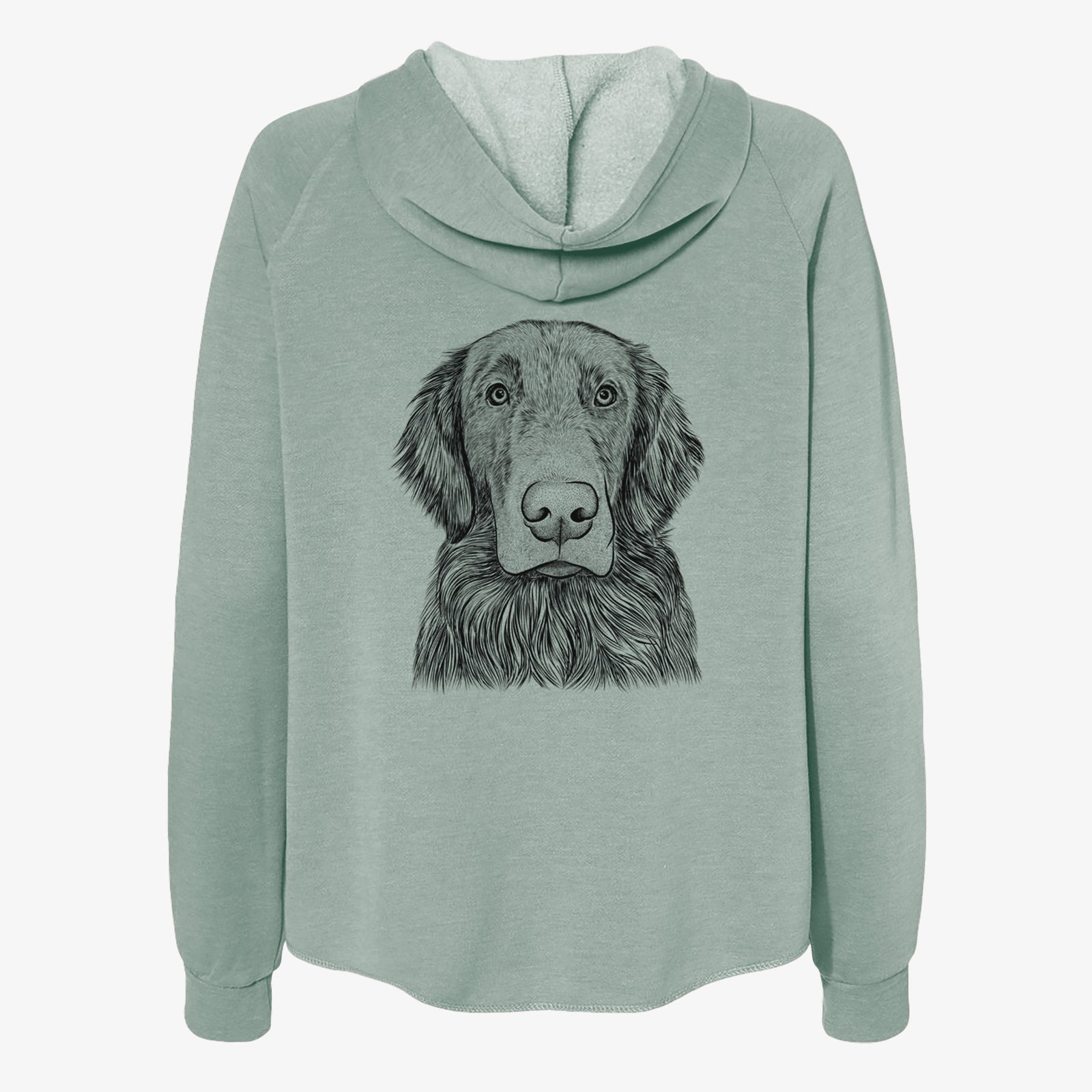 Hand-drawn sketch of Pippin the Flat Coated Retriever on a Sage Women's cali wave zip-up sweatshirt