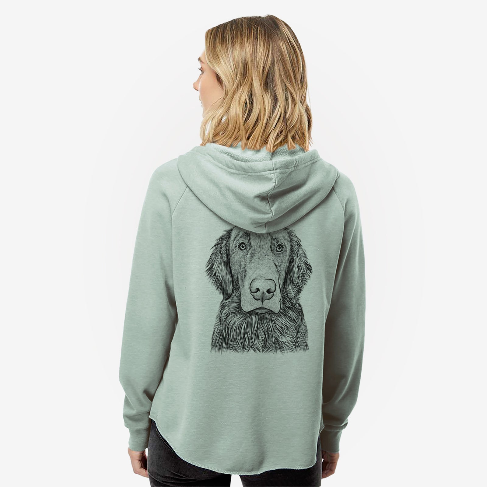 Hand-drawn sketch of Pippin the Flat Coated Retriever on a Sage Women's cali wave zip-up sweatshirt