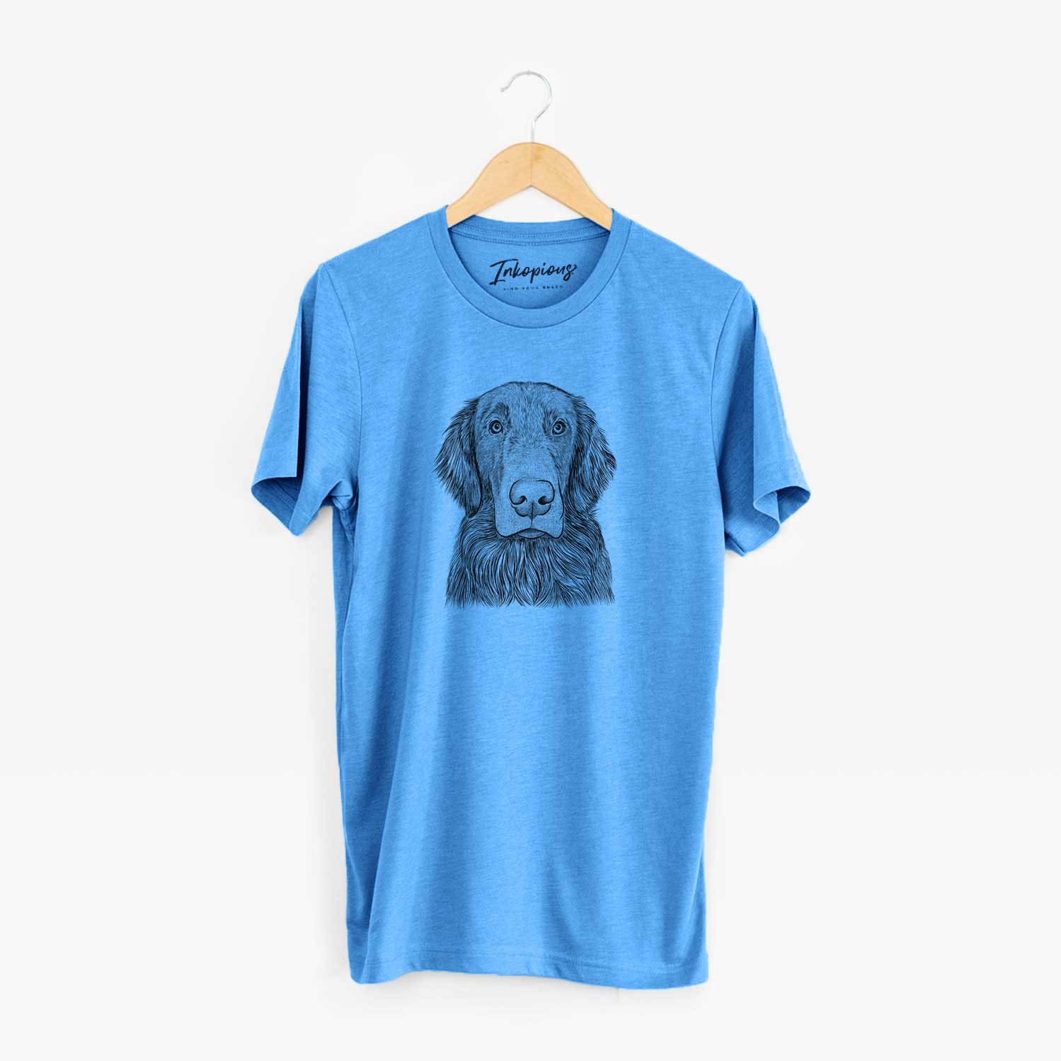 Hand-drawn sketch of Pippin the Flat Coated Retriever on a Blue Unisex crewneck