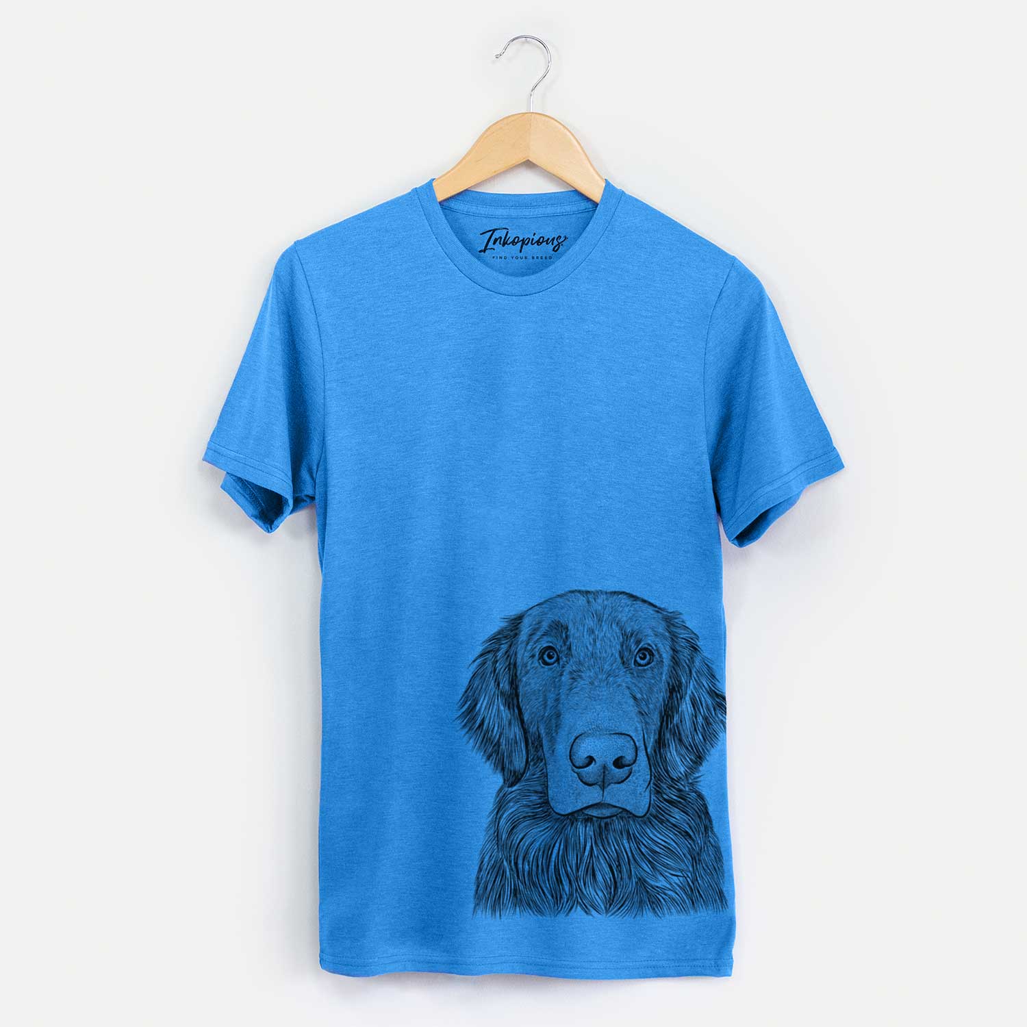 Hand-drawn sketch of Pippin the Flat Coated Retriever on a Blue Unisex crewneck