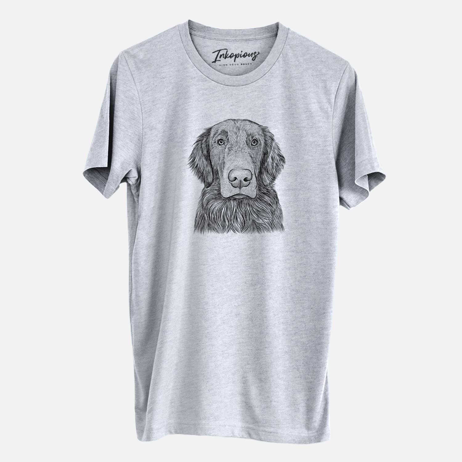 Hand-drawn sketch of Pippin the Flat Coated Retriever on a Grey Unisex crewneck