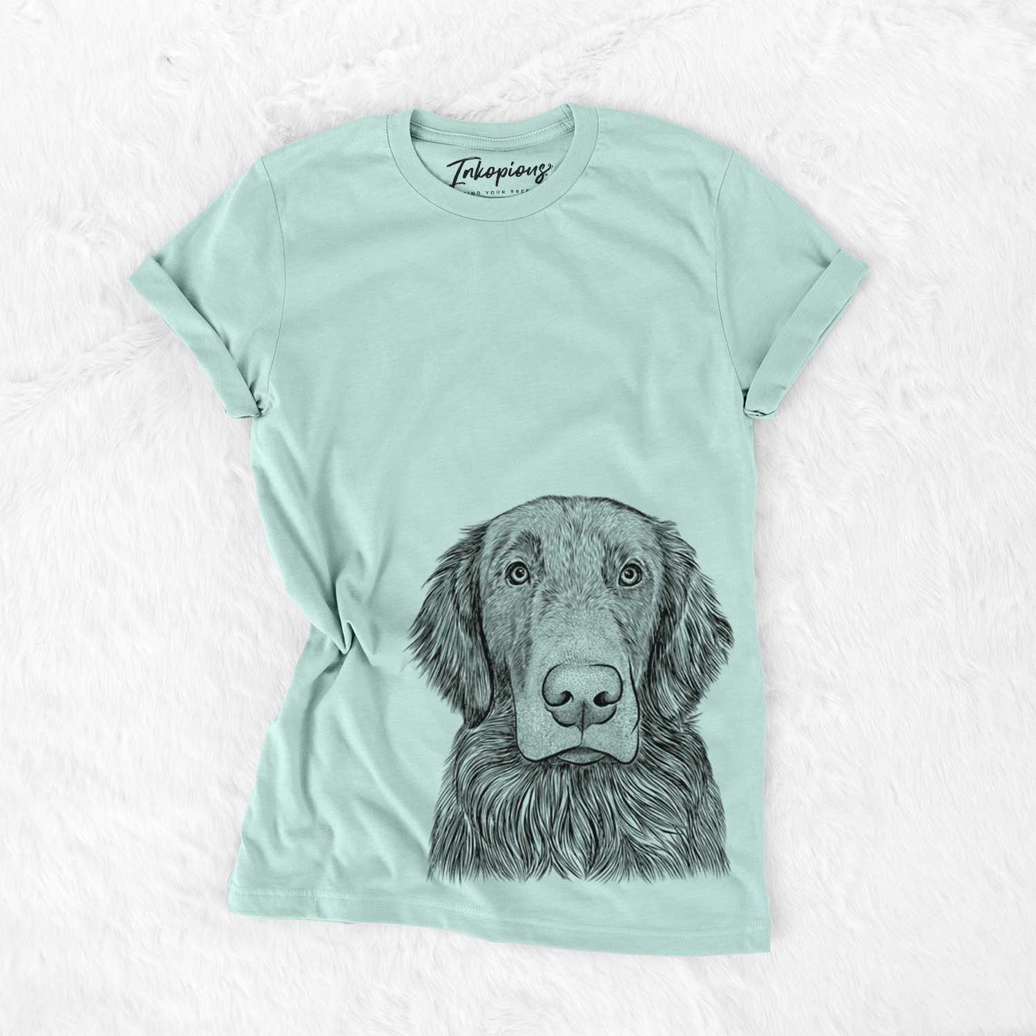 Hand-drawn sketch of Pippin the Flat Coated Retriever on a Heather Sage Unisex crewneck
