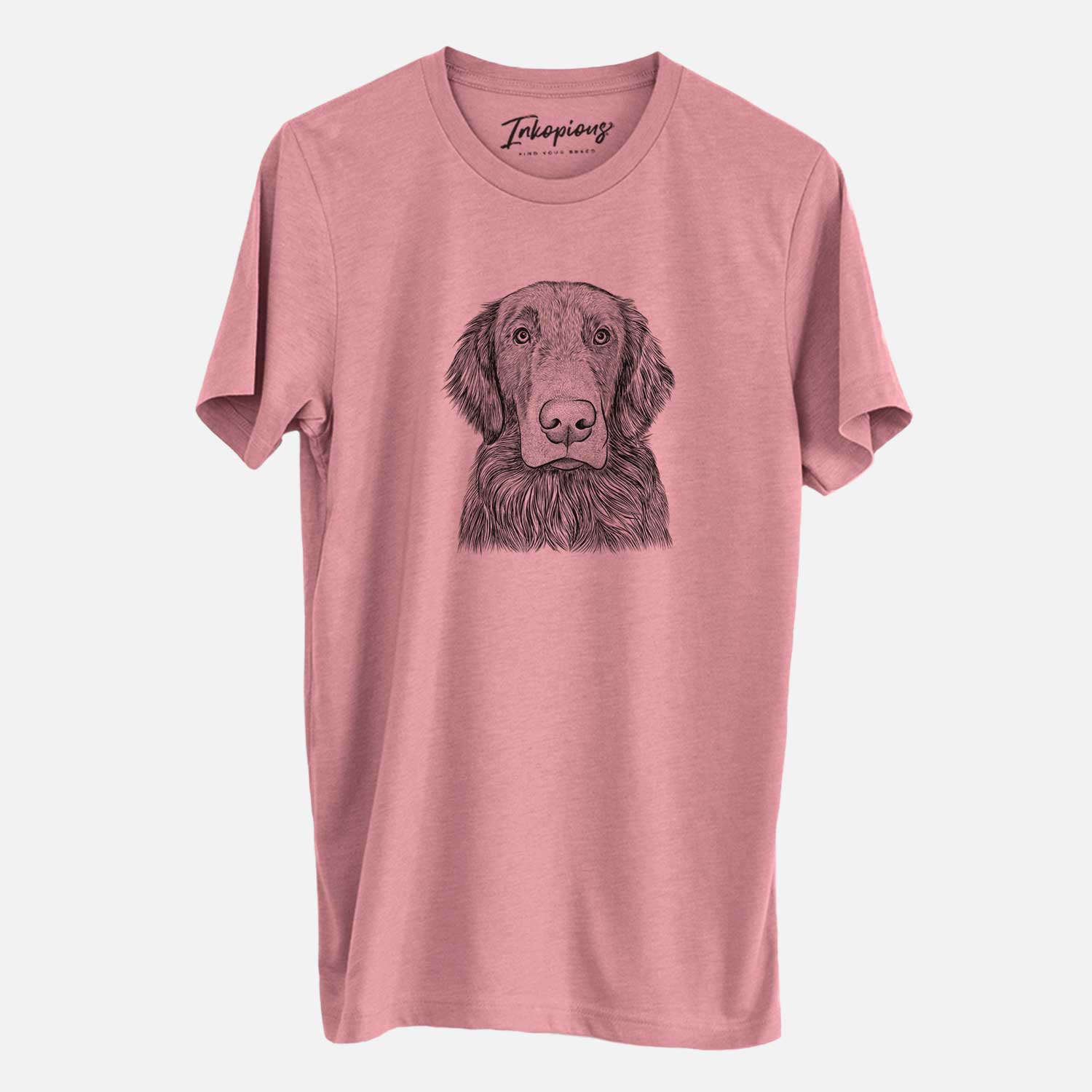 Hand-drawn sketch of Pippin the Flat Coated Retriever on a Mauve Unisex crewneck