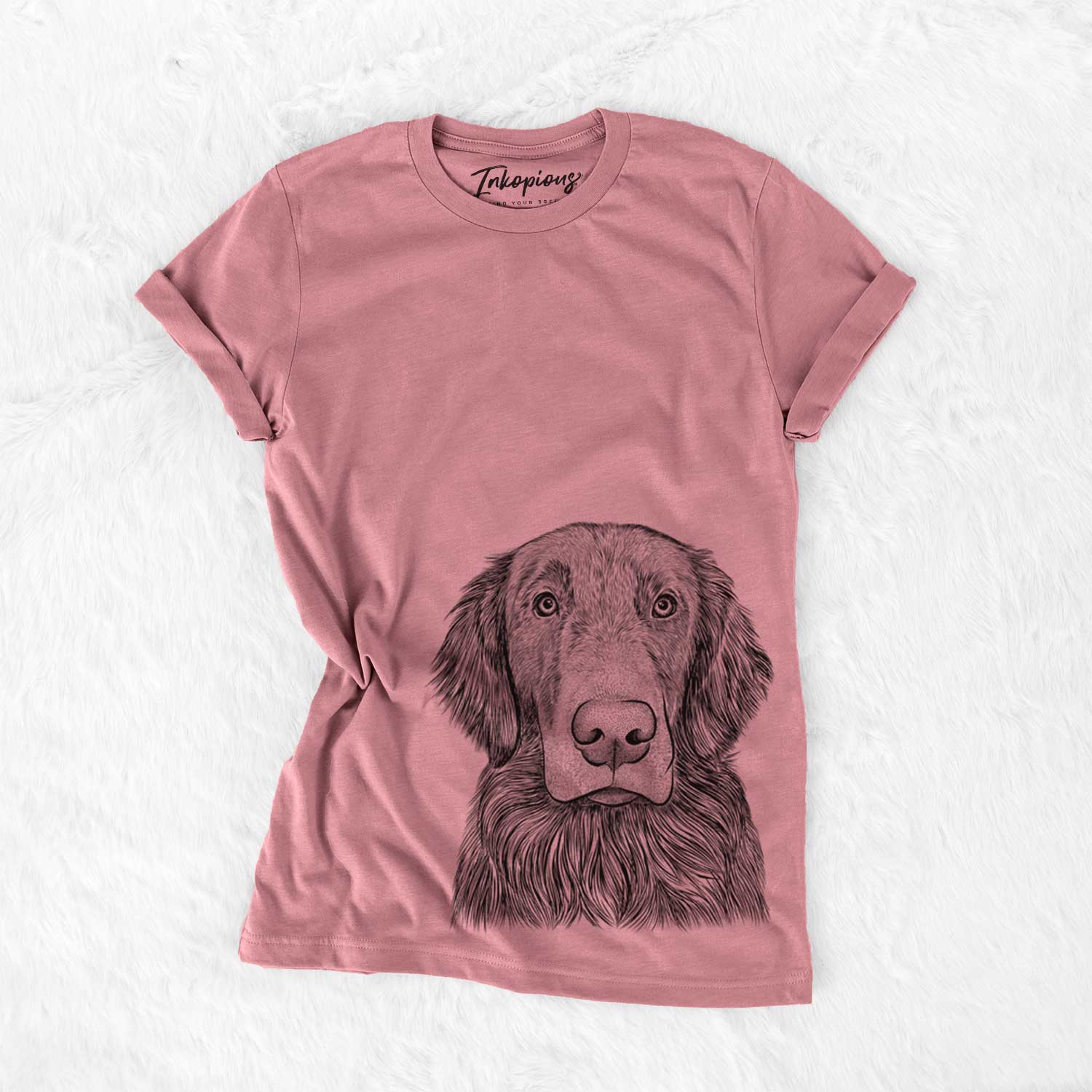Hand-drawn sketch of Pippin the Flat Coated Retriever on a Mauve Unisex crewneck