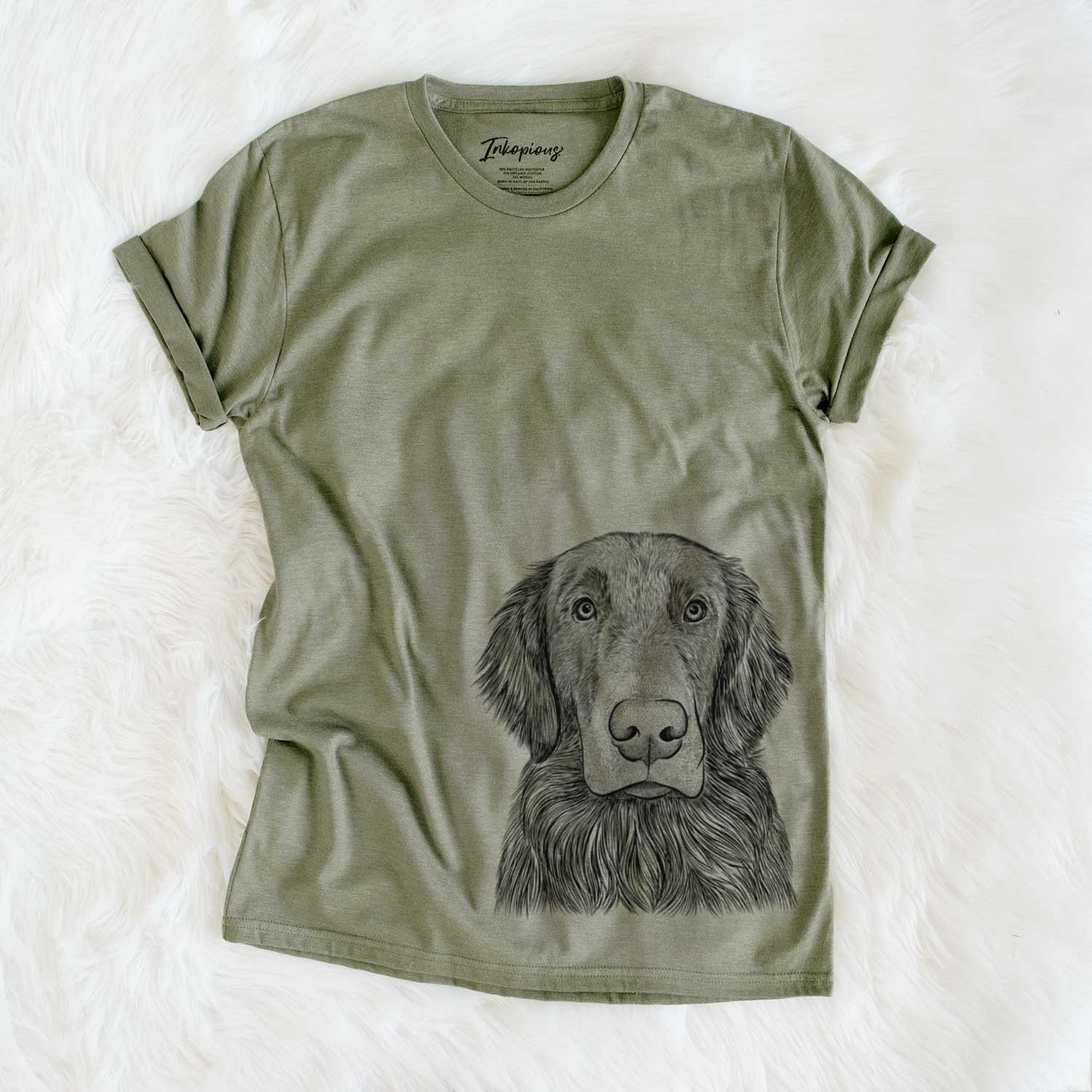 Hand-drawn sketch of Pippin the Flat Coated Retriever on an Olive Unisex crewneck