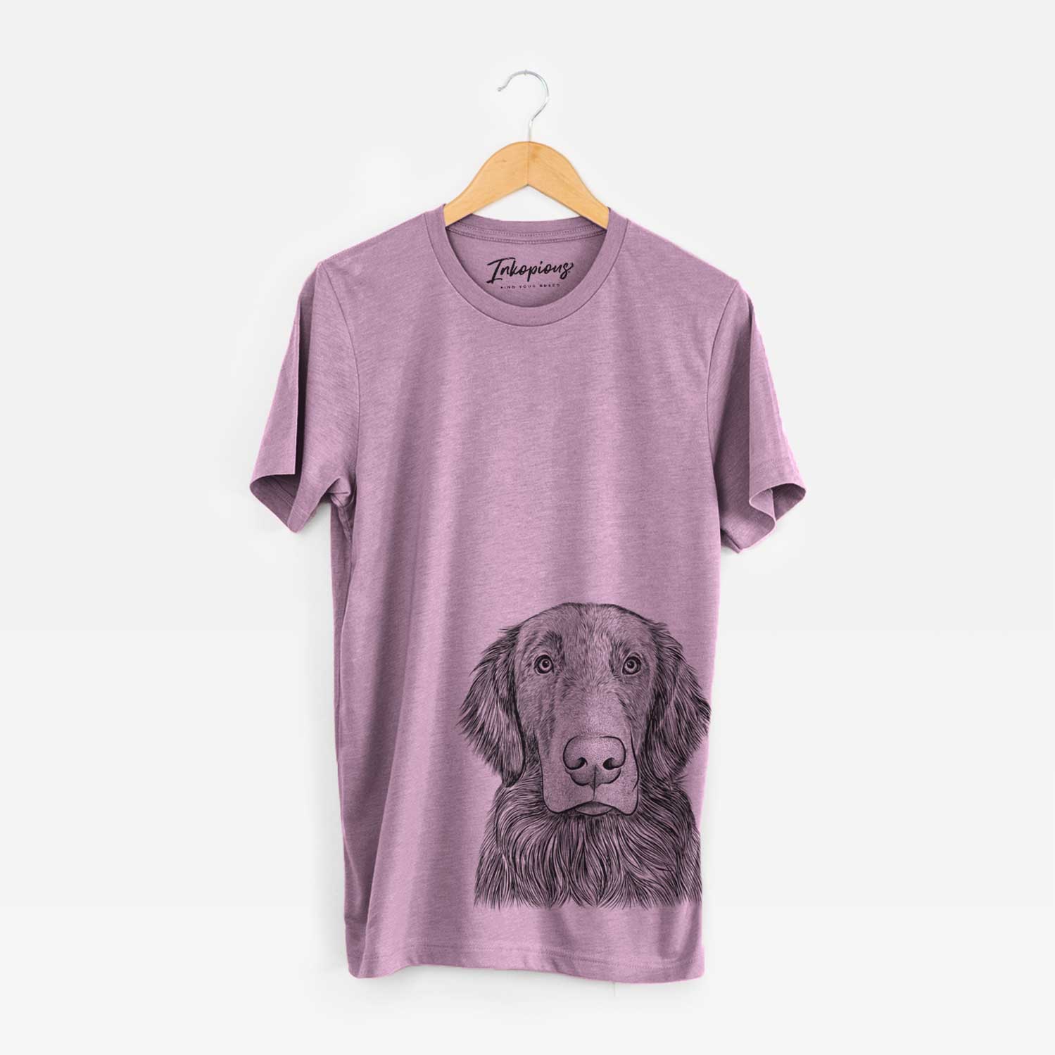 Hand-drawn sketch of Pippin the Flat Coated Retriever on an Orchid Unisex crewneck