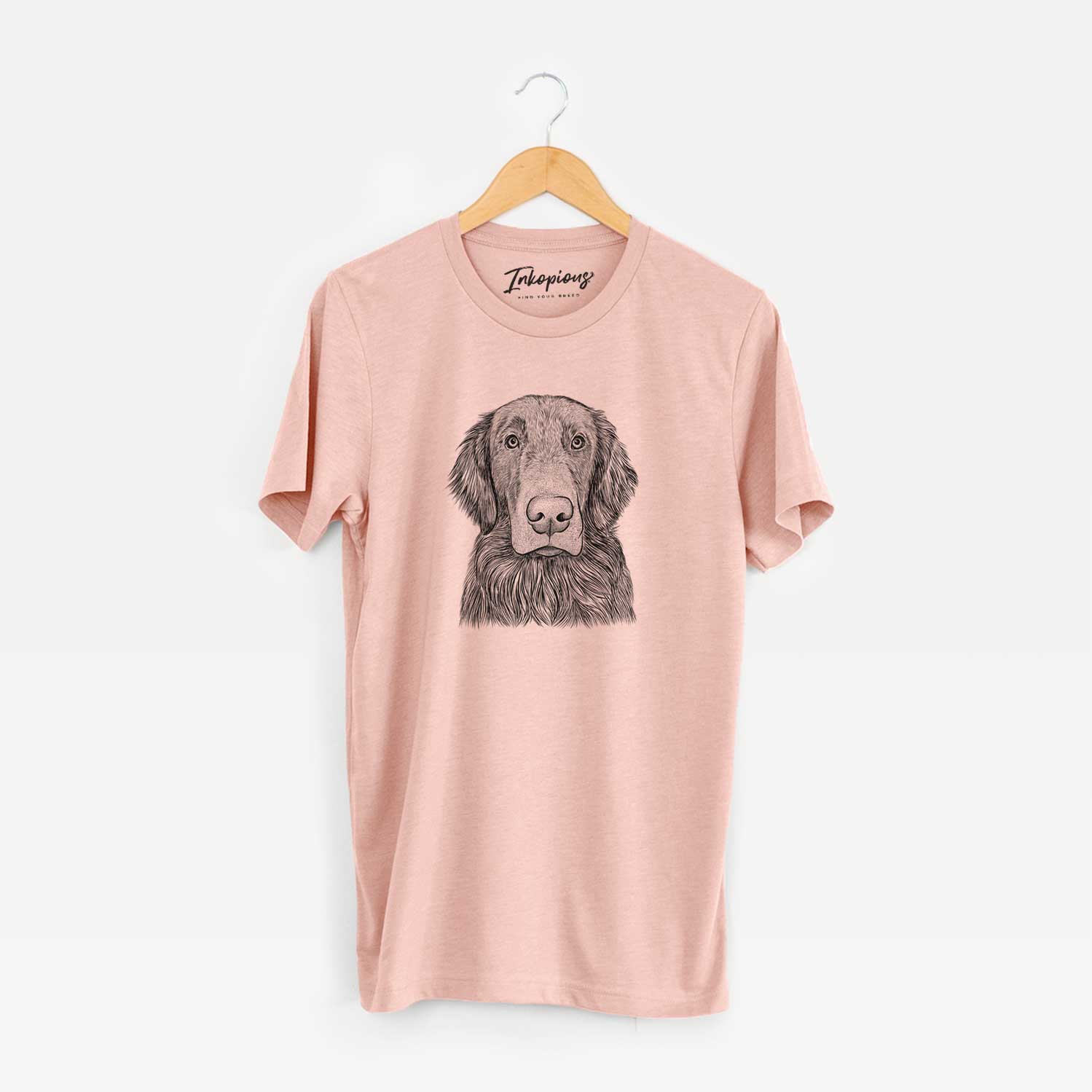 Hand-drawn sketch of Pippin the Flat Coated Retriever on a Peach Unisex crewneck