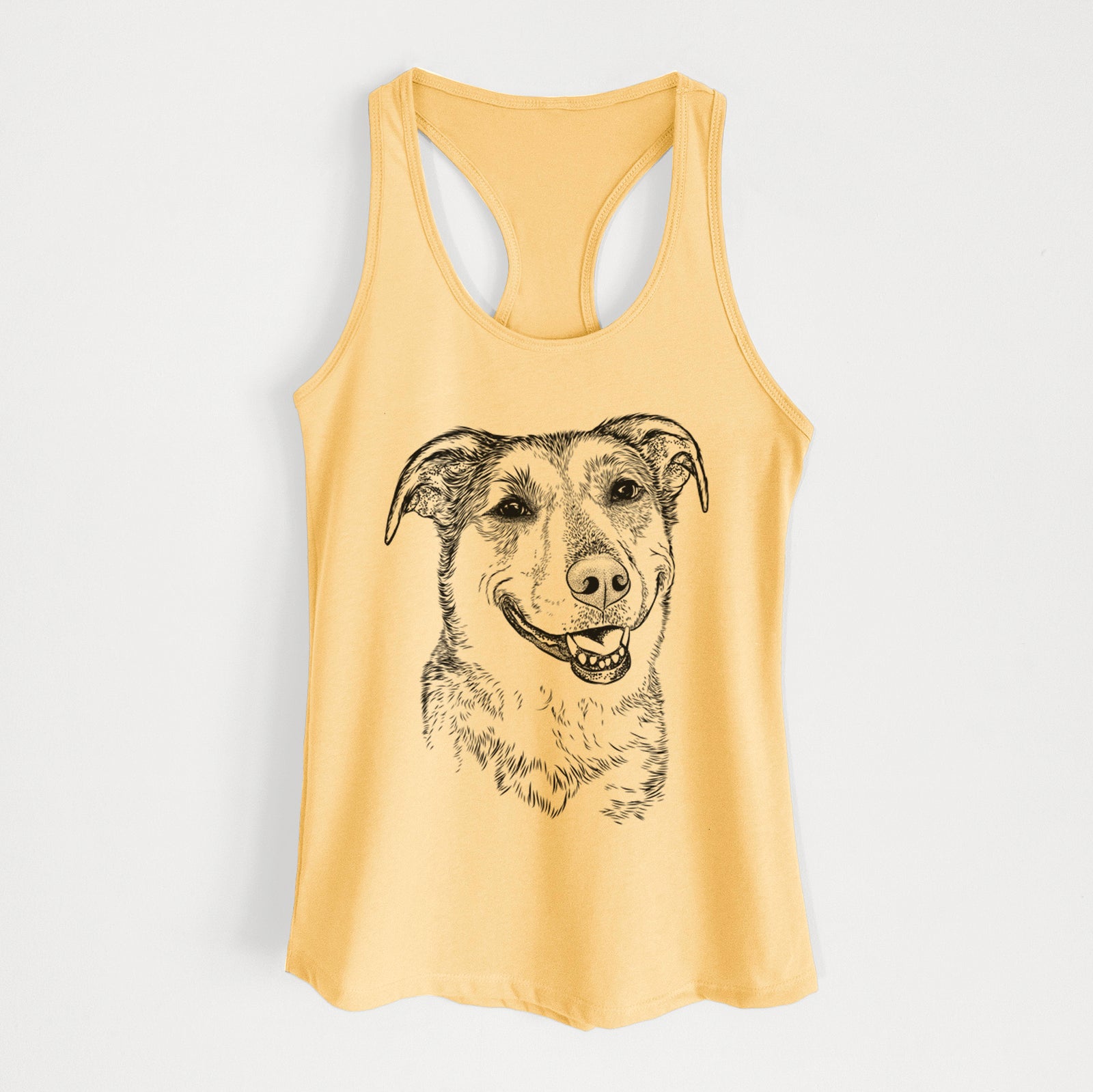 Hand-drawn sketch of Pippin the Shepherd Mix on a Banana Cream Women's racerback tanktop