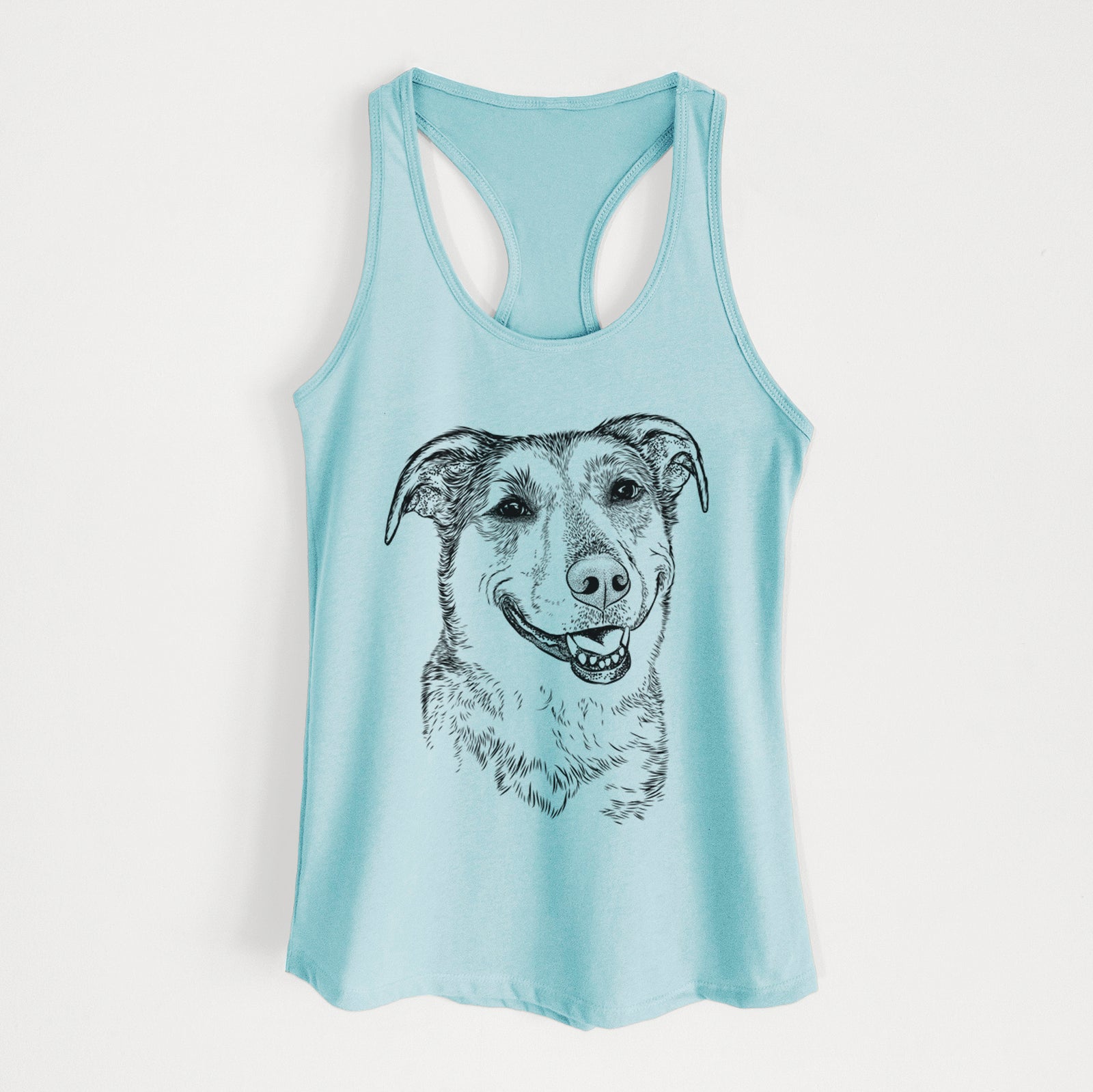 Hand-drawn sketch of Pippin the Shepherd Mix on a Cancun Blue Women's racerback tanktop