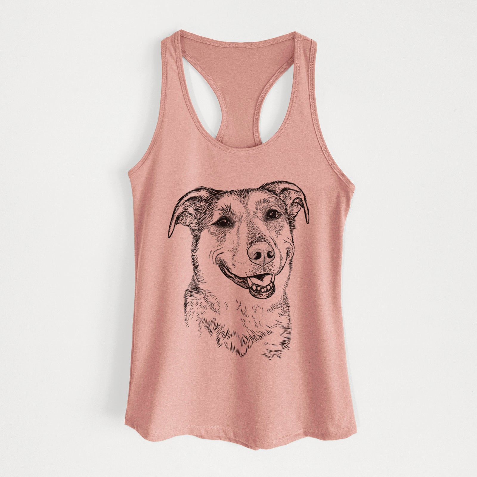 Hand-drawn sketch of Pippin the Shepherd Mix on a Desert Pink Women's racerback tanktop