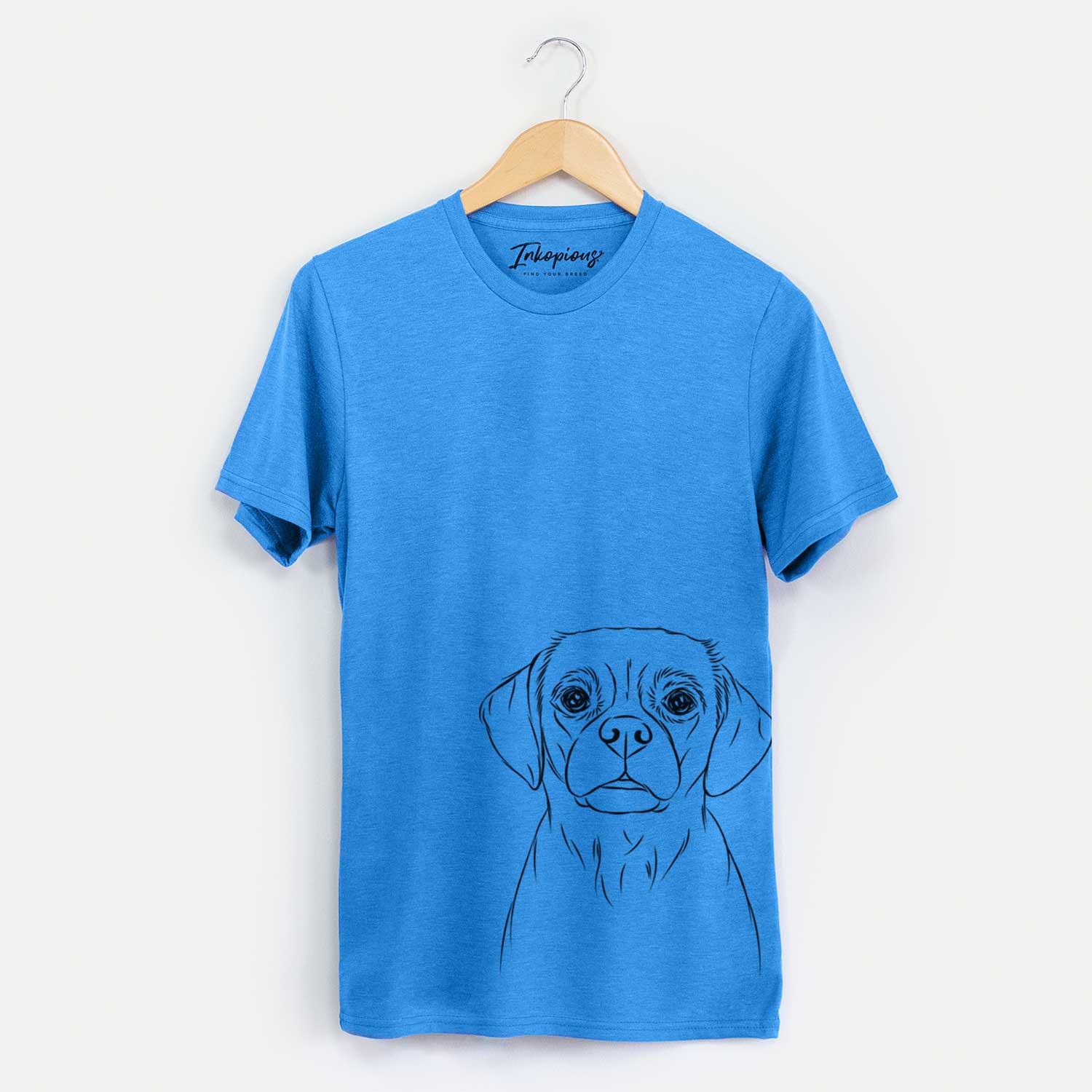 Hand-drawn sketch of Popcorn the Puggle on a Blue Unisex crewneck