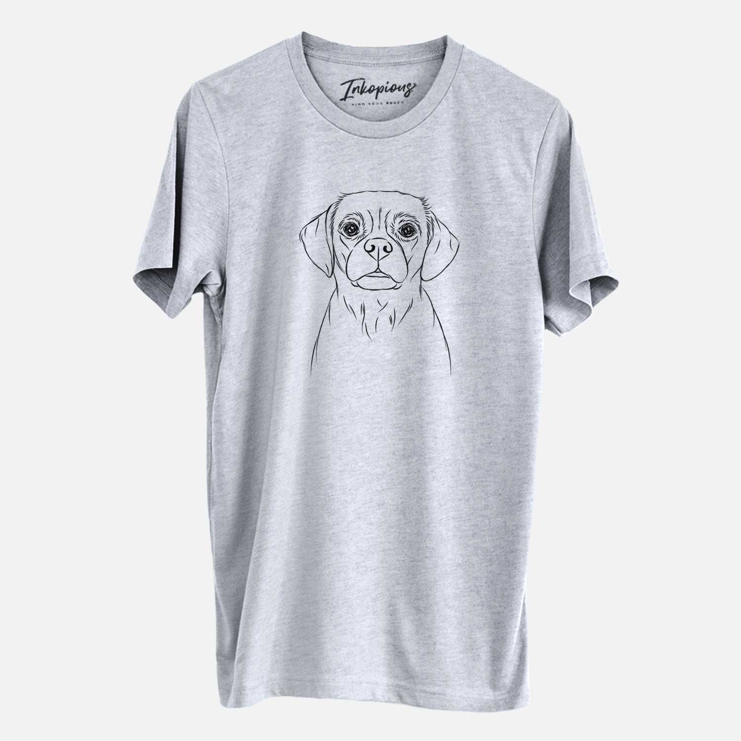 Hand-drawn sketch of Popcorn the Puggle on a Grey Unisex crewneck