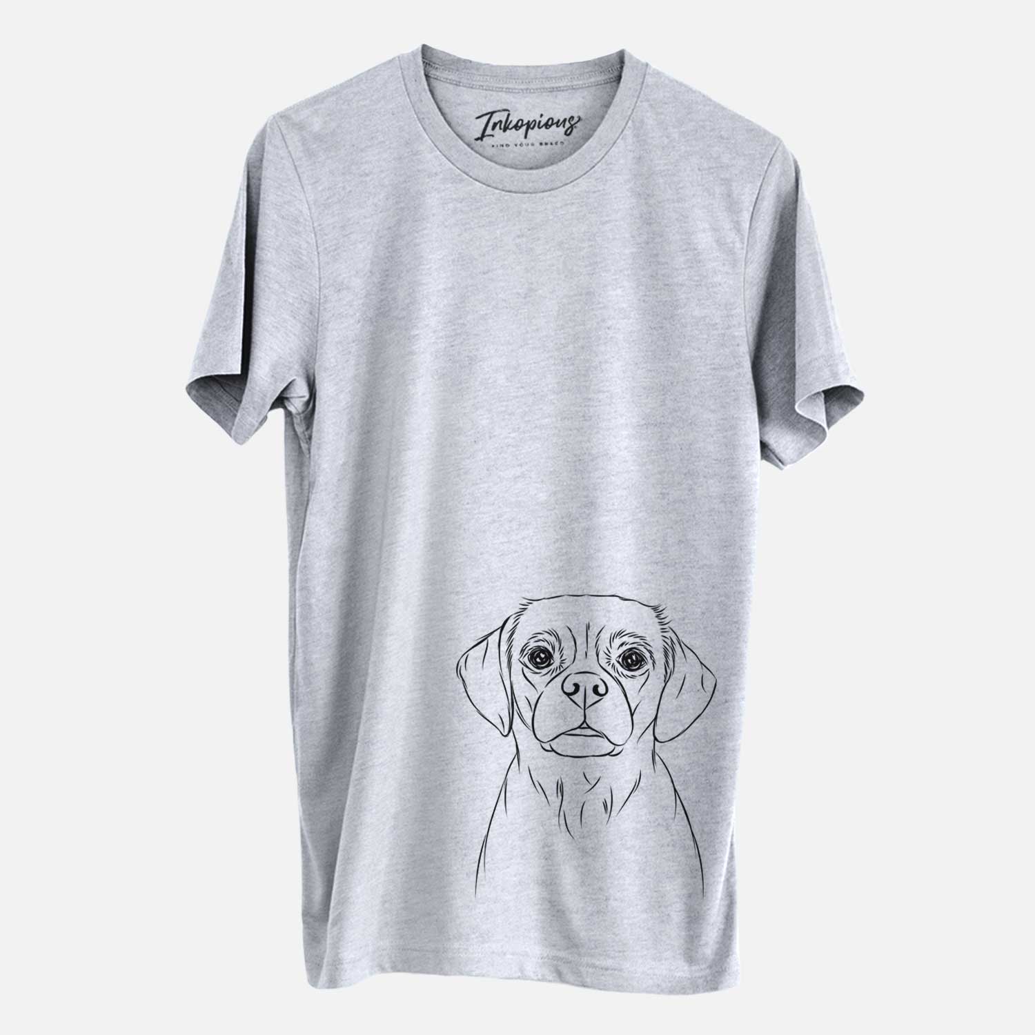 Hand-drawn sketch of Popcorn the Puggle on a Grey Unisex crewneck