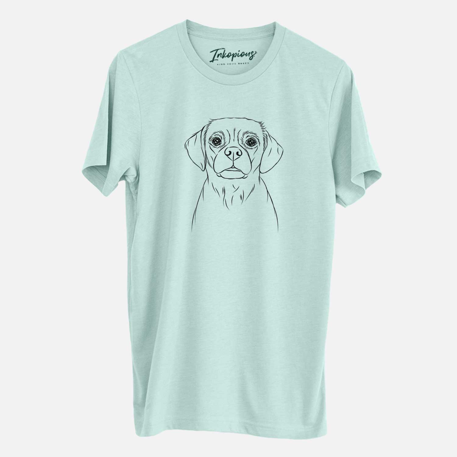 Hand-drawn sketch of Popcorn the Puggle on a Heather Sage Unisex crewneck