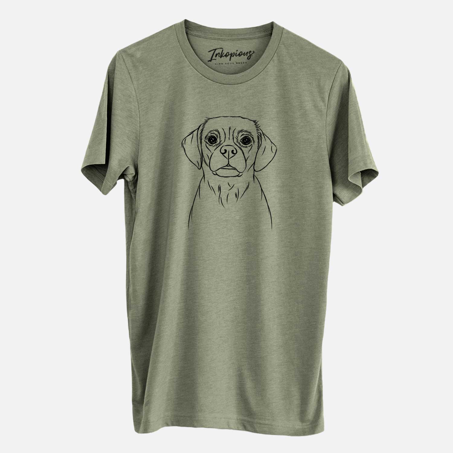 Hand-drawn sketch of Popcorn the Puggle on an Olive Unisex crewneck