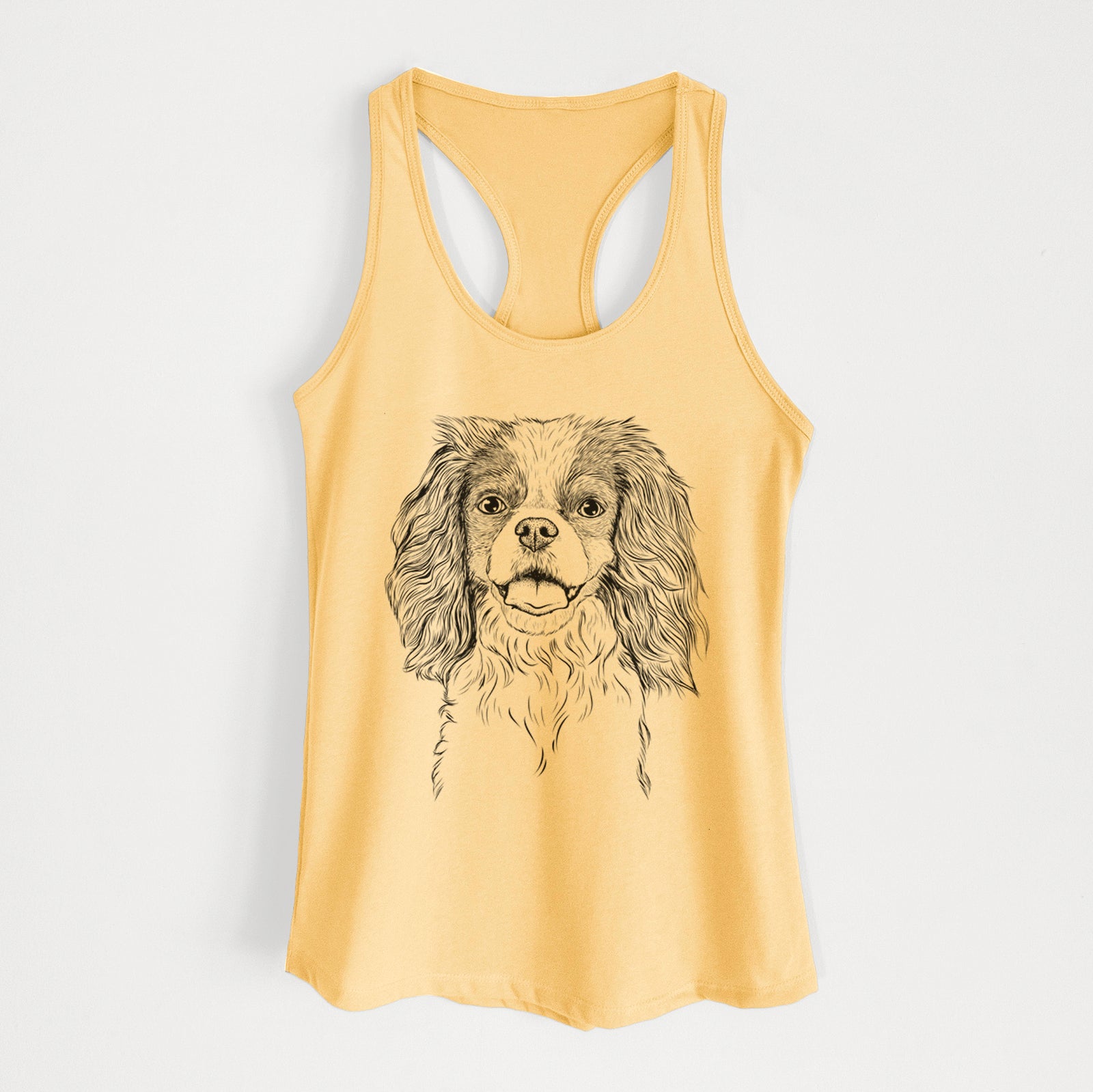 Hand-drawn sketch of Poppy the Cavalier King Charles Spaniel on a Banana Cream Women's racerback tanktop