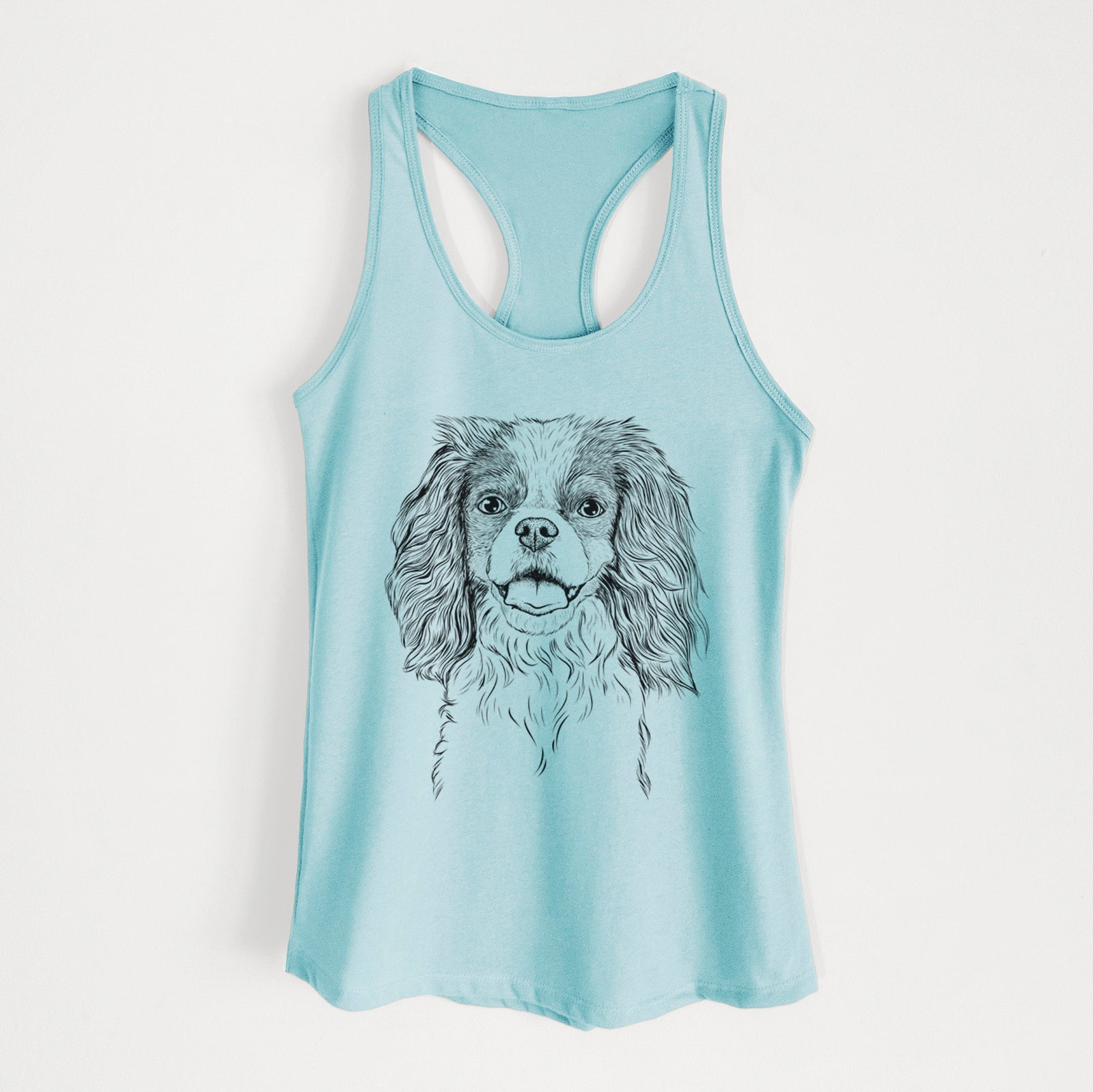 Hand-drawn sketch of Poppy the Cavalier King Charles Spaniel on a Cancun Blue Women's racerback tanktop