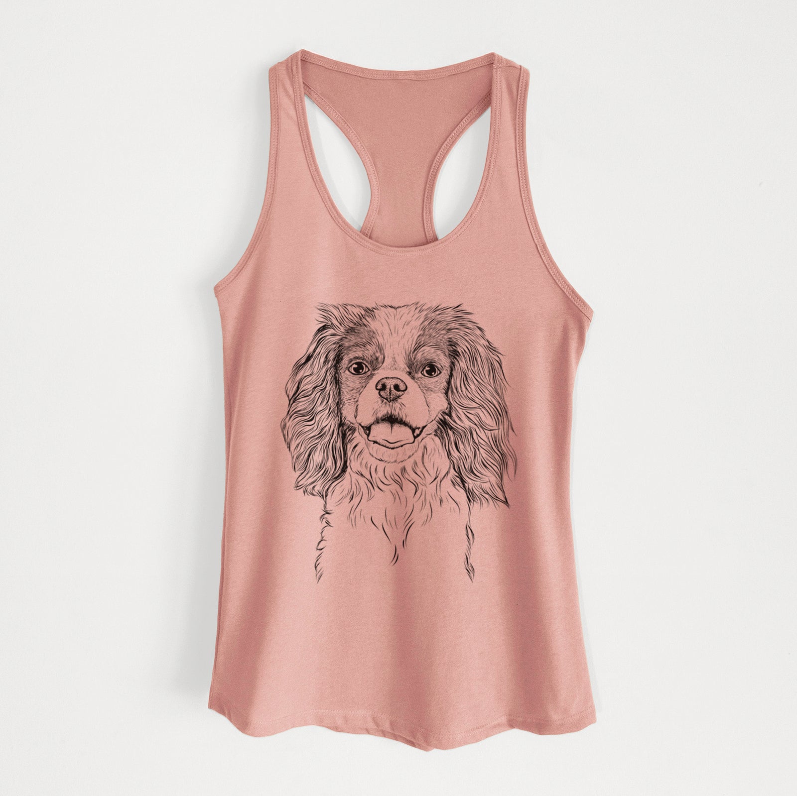 Hand-drawn sketch of Poppy the Cavalier King Charles Spaniel on a Desert Pink Women's racerback tanktop