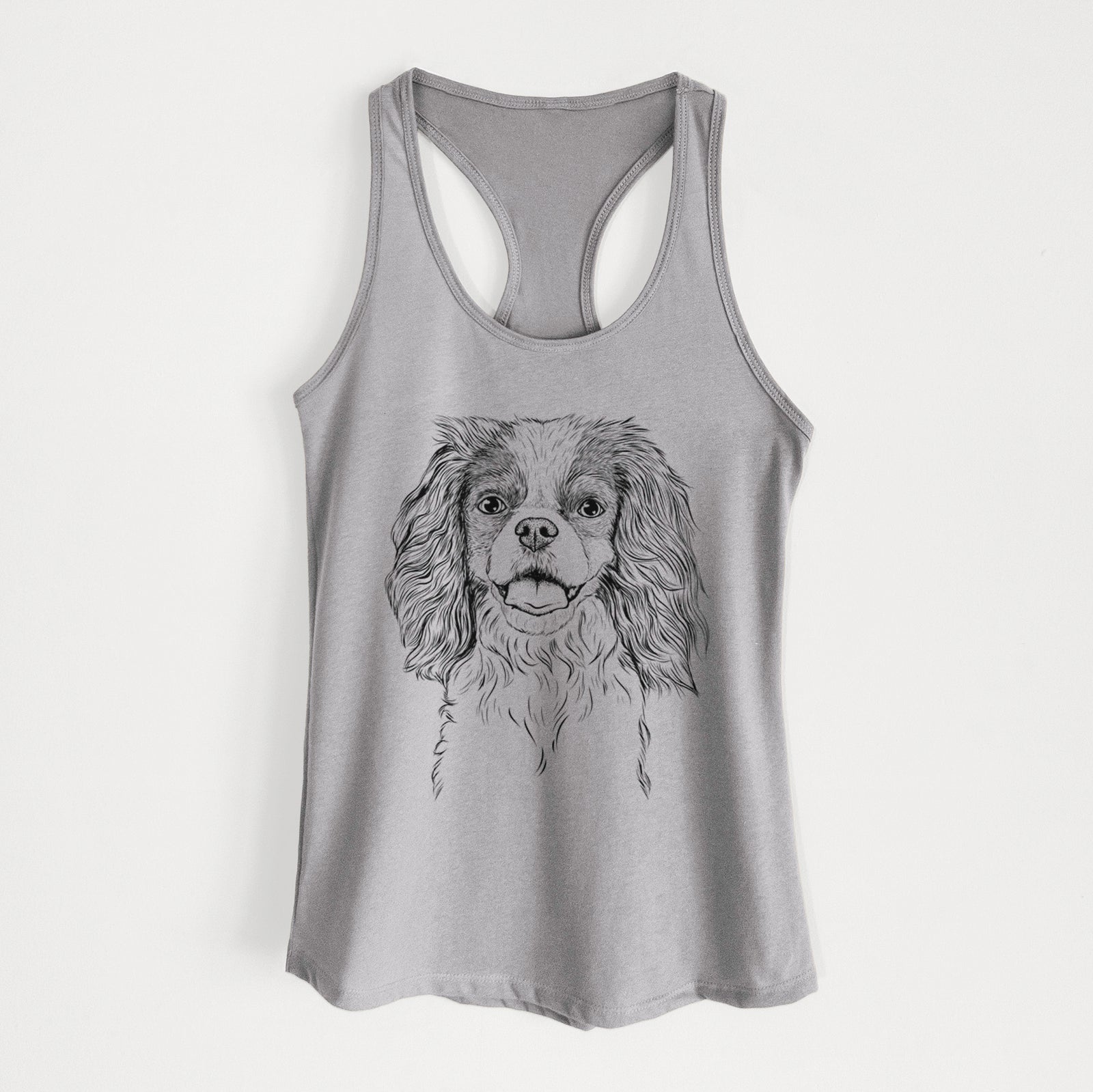 Hand-drawn sketch of Poppy the Cavalier King Charles Spaniel on a Heather Grey Women's racerback tanktop