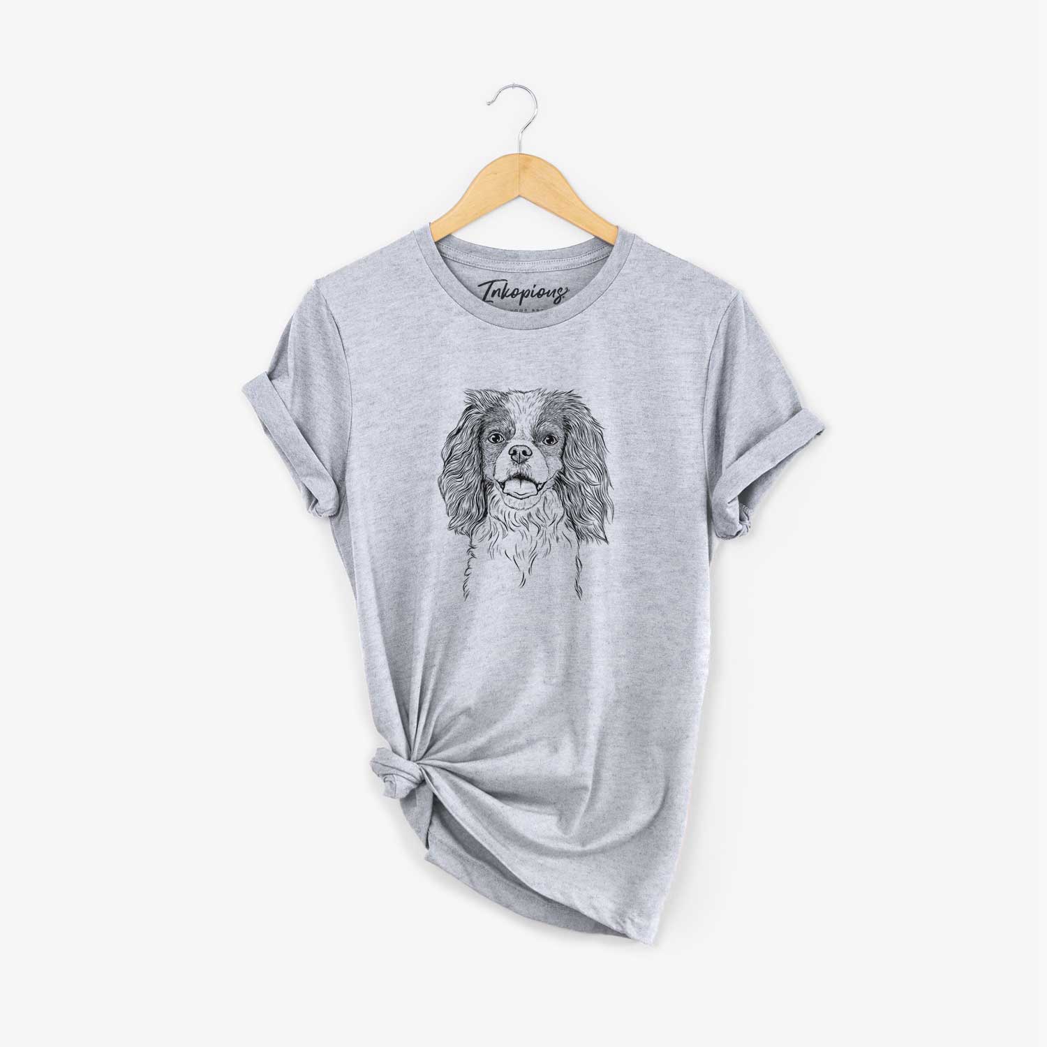 Hand-drawn sketch of Poppy the Cavalier King Charles Spaniel on a Grey Unisex crewneck