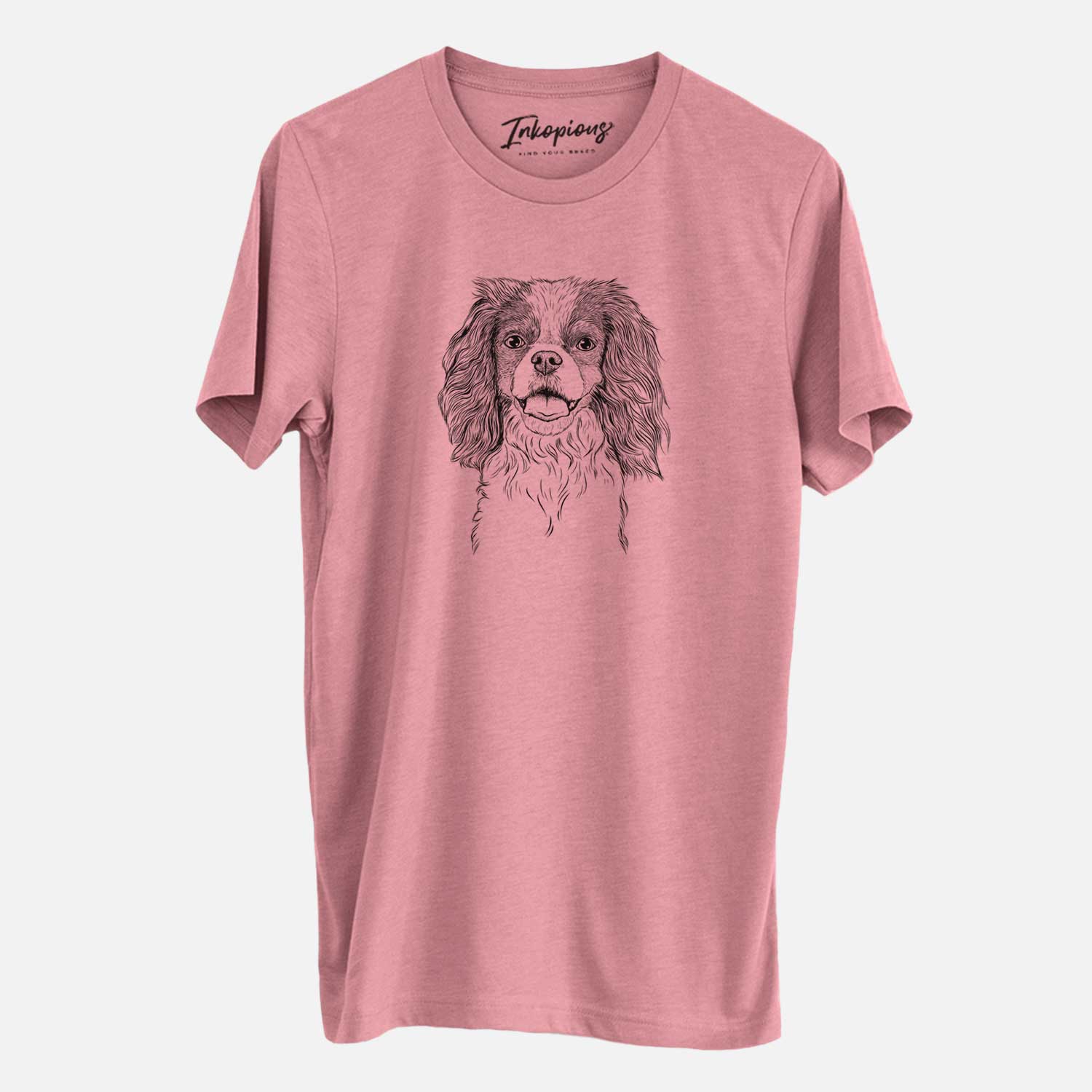 Hand-drawn sketch of Poppy the Cavalier King Charles Spaniel on a Mauve Unisex crewneck