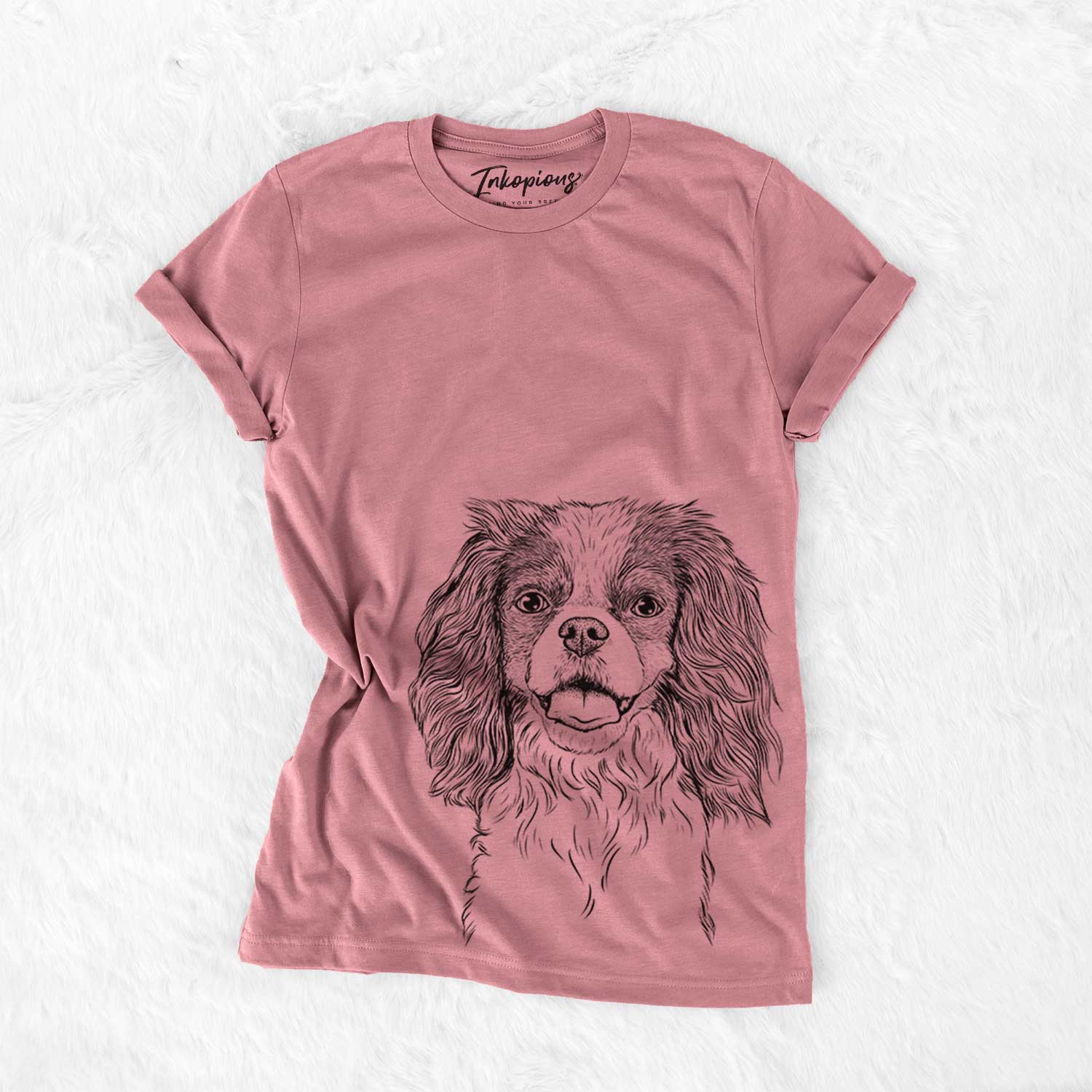 Hand-drawn sketch of Poppy the Cavalier King Charles Spaniel on a Mauve Bella Canvas Unisex Crewneck