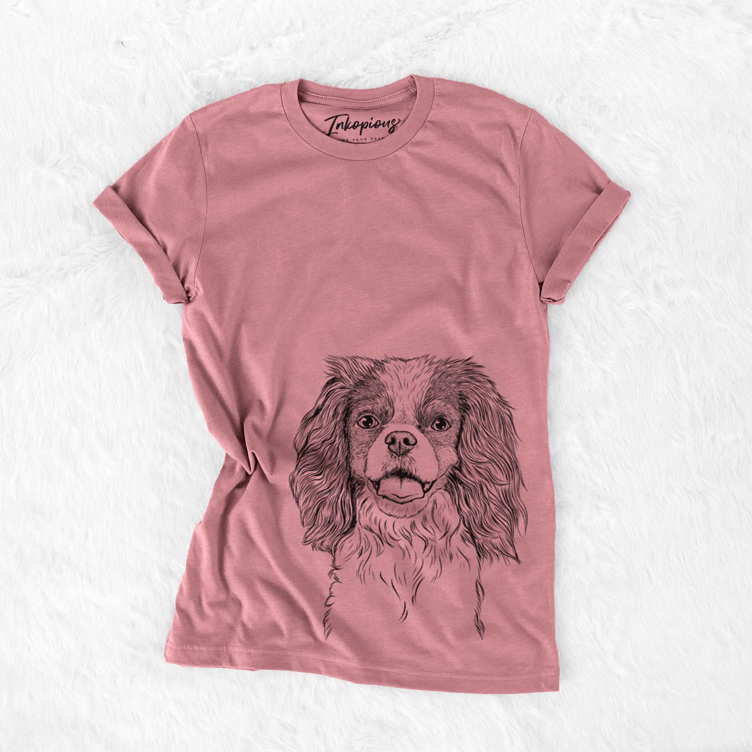Hand-drawn sketch of Poppy the Cavalier King Charles Spaniel on a Mauve Unisex crewneck
