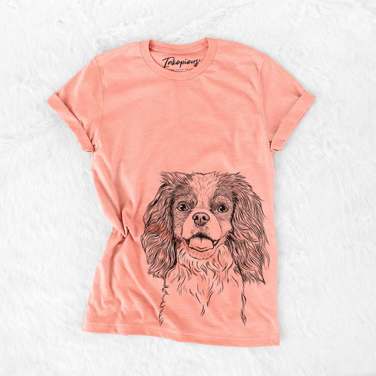 Hand-drawn sketch of Poppy the Cavalier King Charles Spaniel on a Sunset Bella Canvas Unisex Crewneck