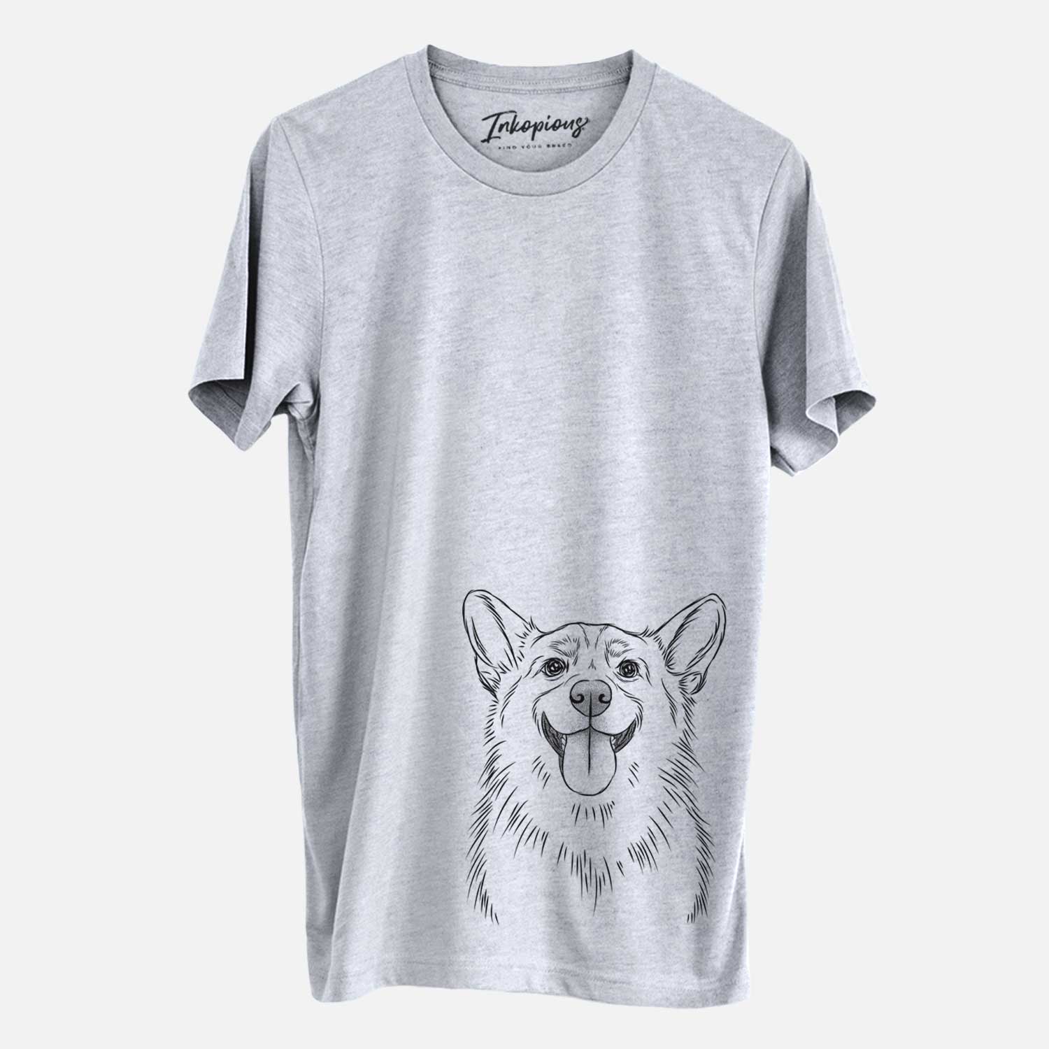 Hand-drawn sketch of Porter the Pembroke Welsh Corgi on a Grey Unisex crewneck