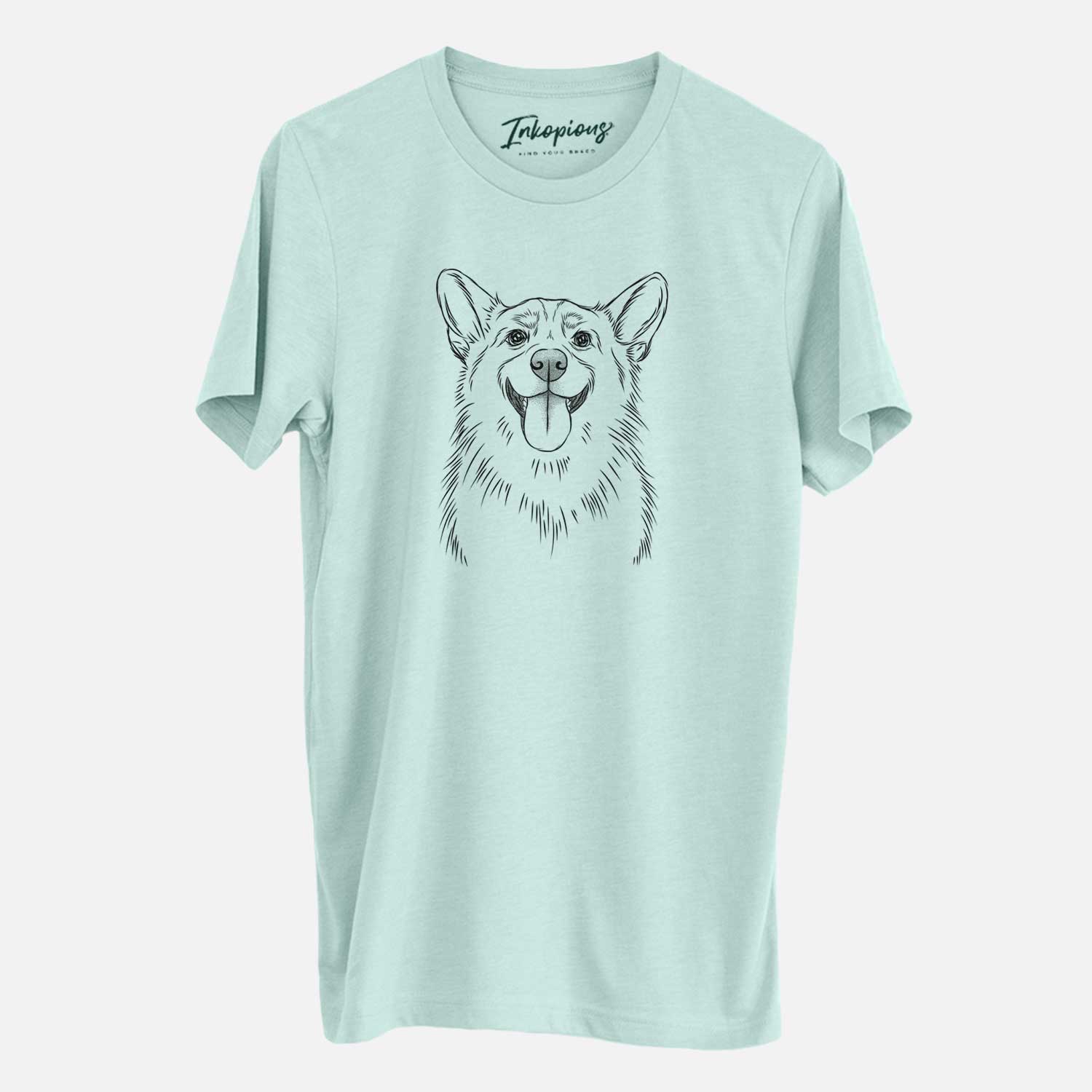 Hand-drawn sketch of Porter the Pembroke Welsh Corgi on a Heather Sage Unisex crewneck