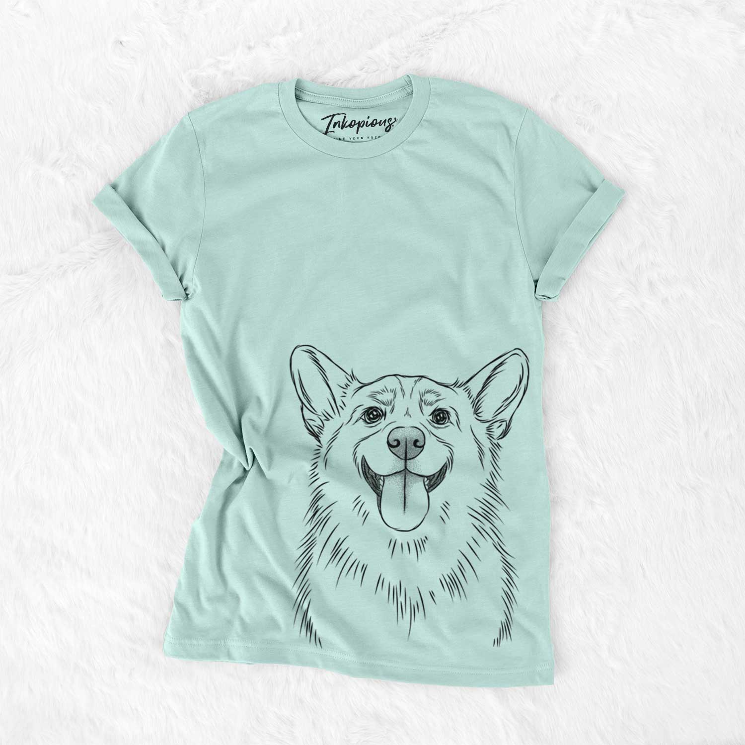 Hand-drawn sketch of Porter the Pembroke Welsh Corgi on a Heather Sage Unisex crewneck