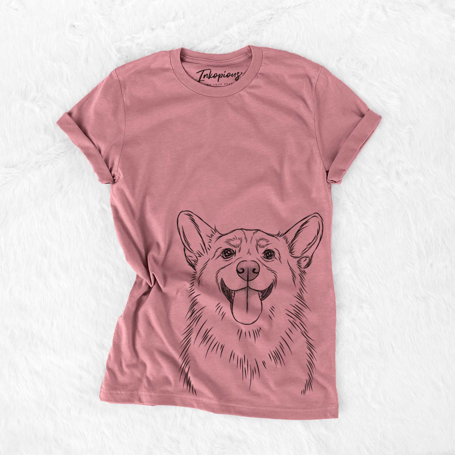Hand-drawn sketch of Porter the Pembroke Welsh Corgi on a Mauve Unisex crewneck