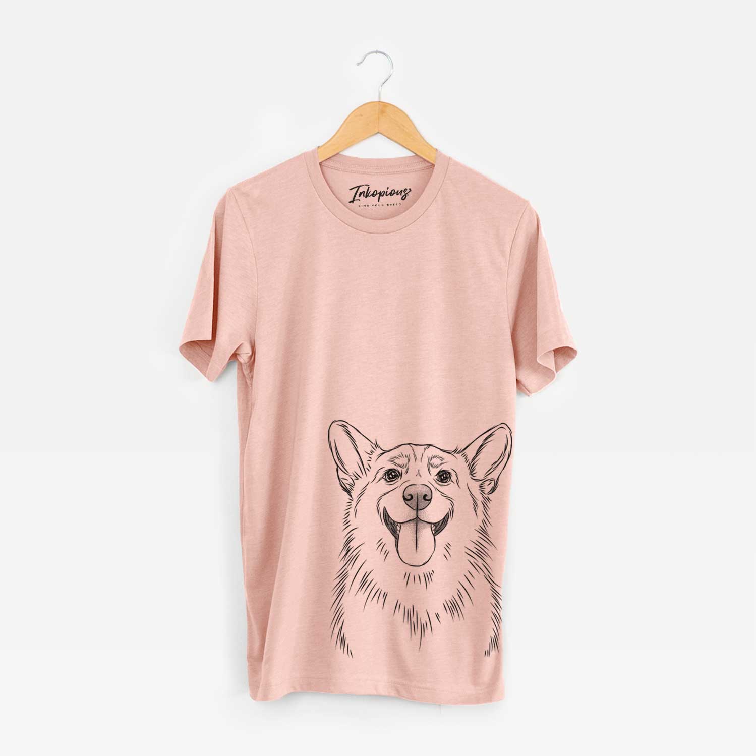 Hand-drawn sketch of Porter the Pembroke Welsh Corgi on a Peach Unisex crewneck