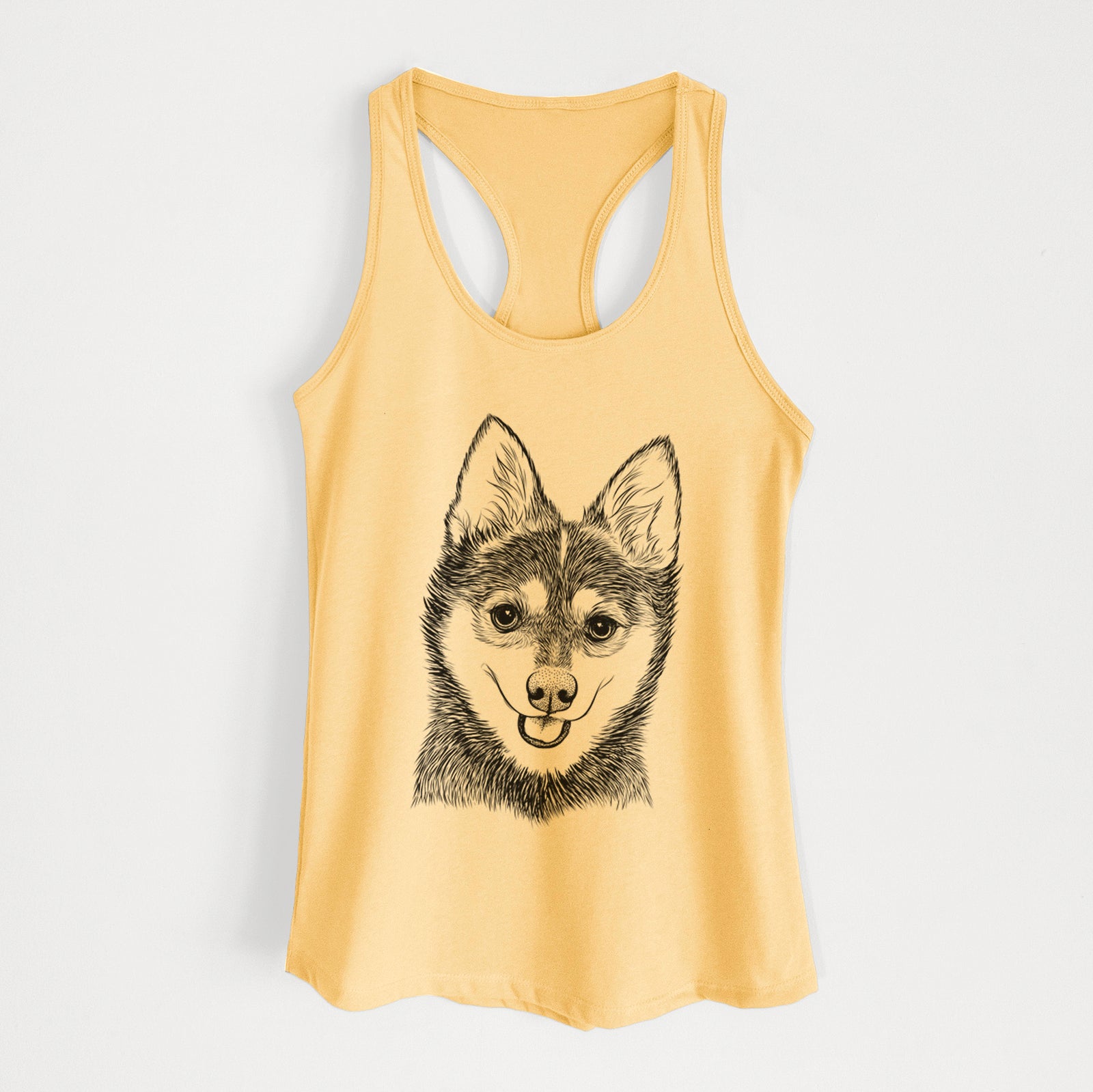 Hand-drawn sketch of Posey the Alaskan Klee Kai on a Banana Cream Women's racerback tanktop