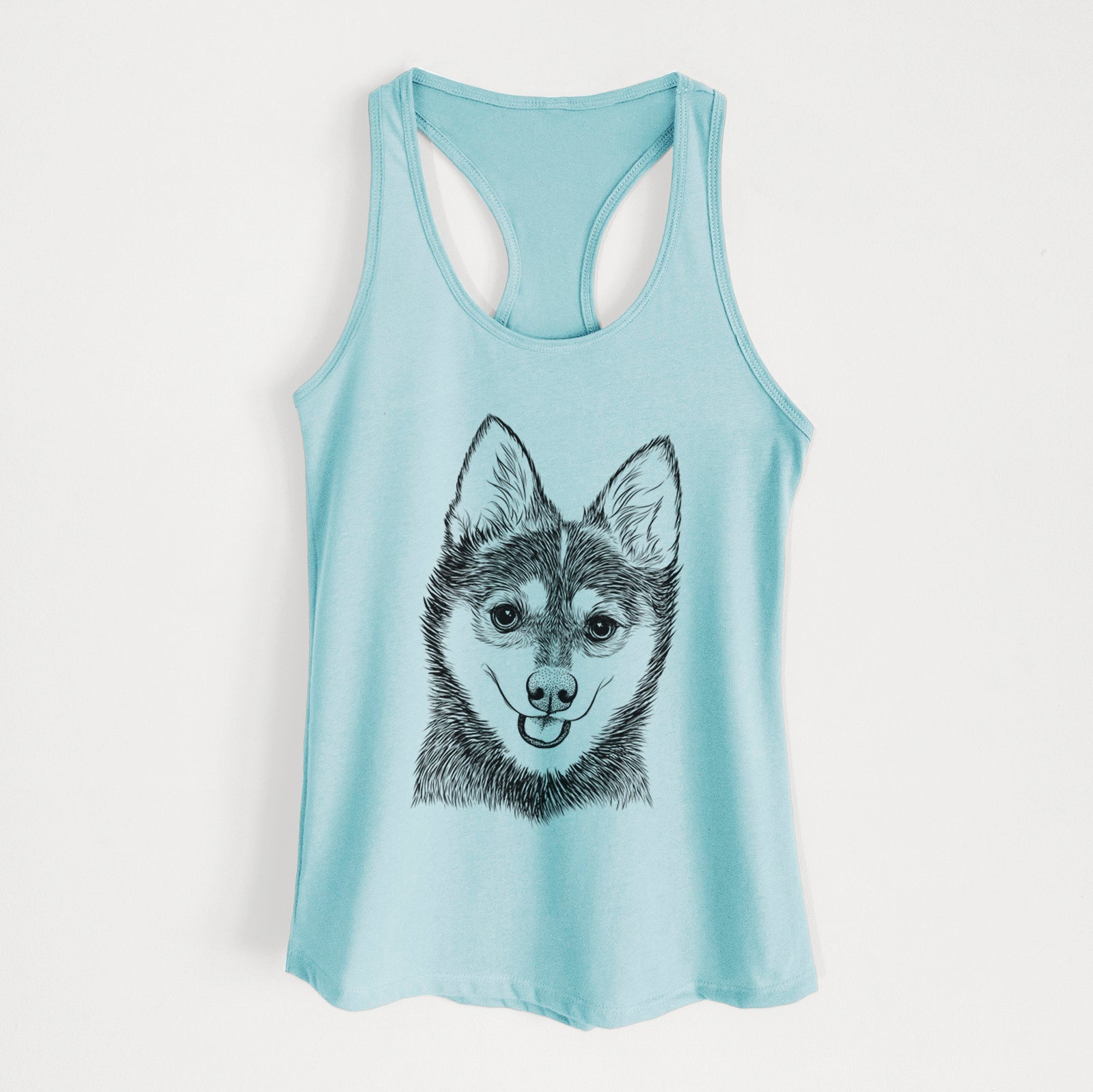 Hand-drawn sketch of Posey the Alaskan Klee Kai on a Cancun Blue Women's racerback tanktop