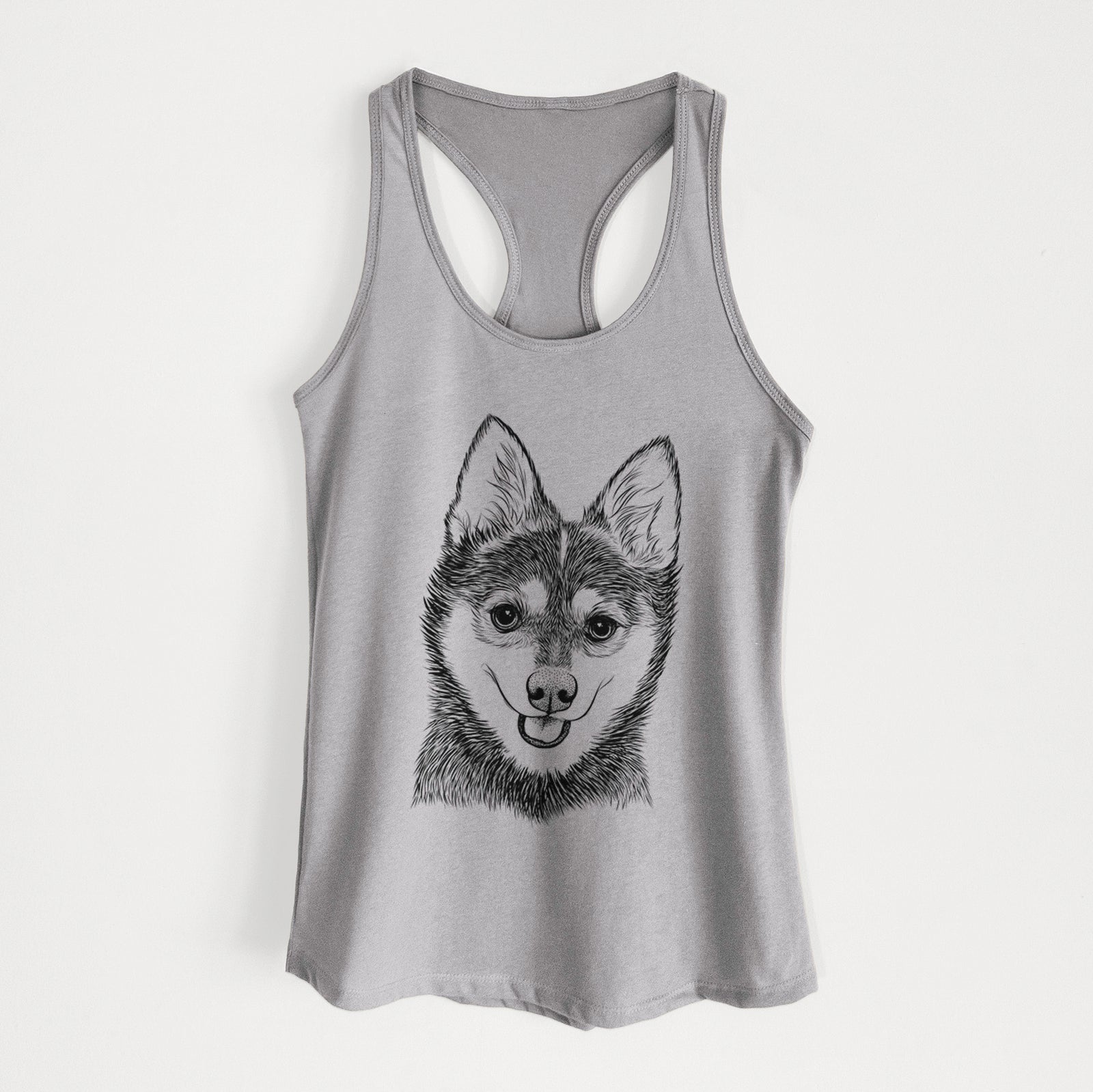 Hand-drawn sketch of Posey the Alaskan Klee Kai on a Heather Grey Women's racerback tanktop