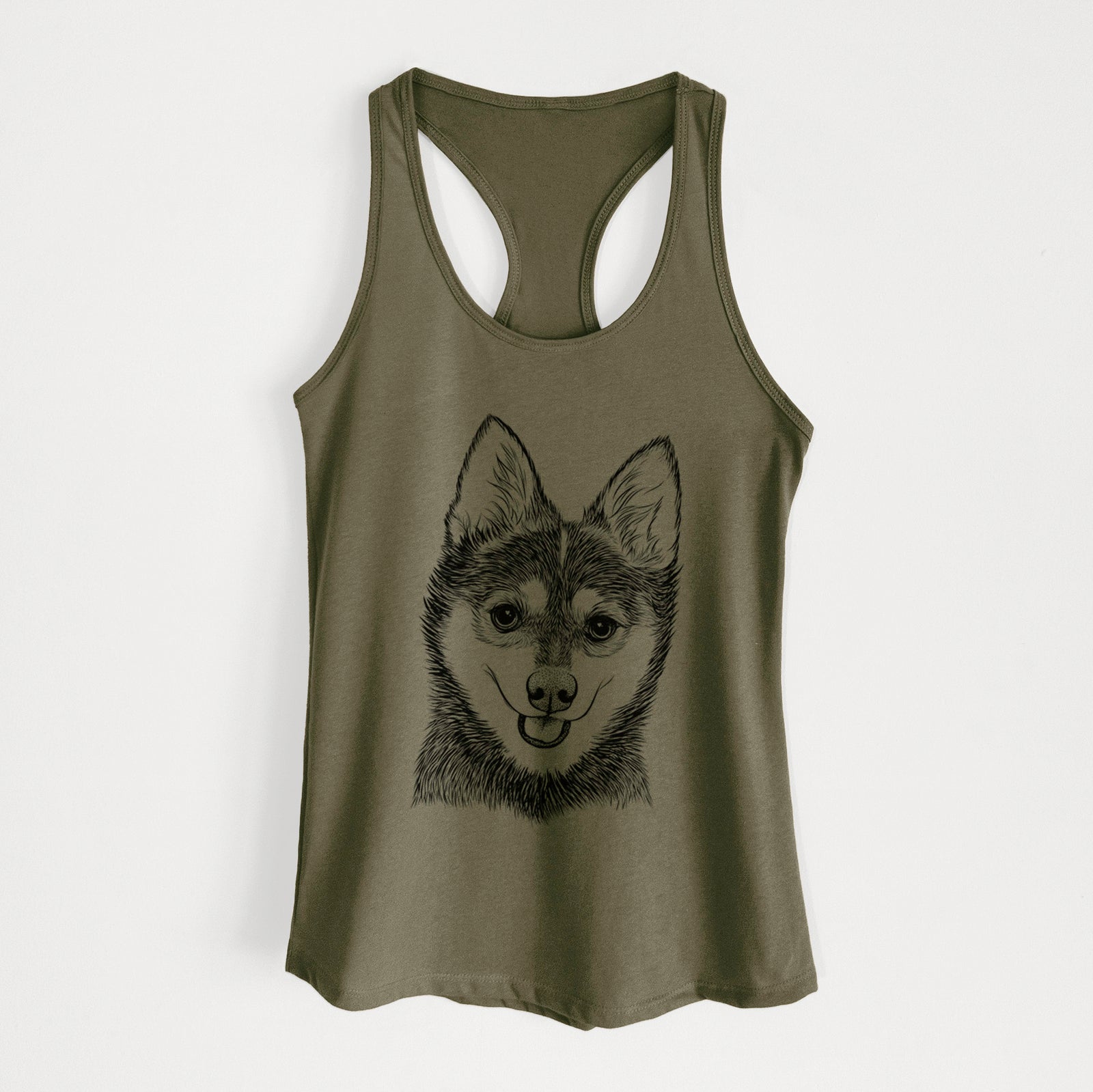 Hand-drawn sketch of Posey the Alaskan Klee Kai on a Military Green Women's racerback tanktop