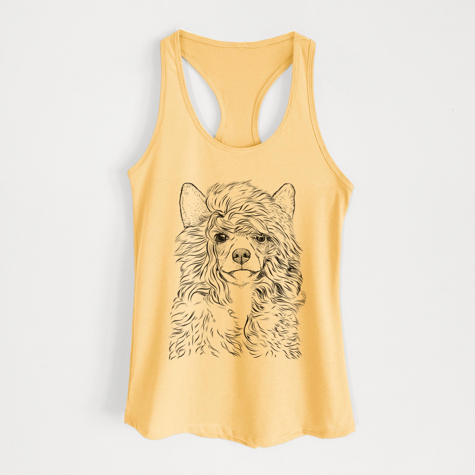 Hand-drawn sketch of Preston the Powderpuff Chinese Crested on a Banana Cream Women's racerback tanktop