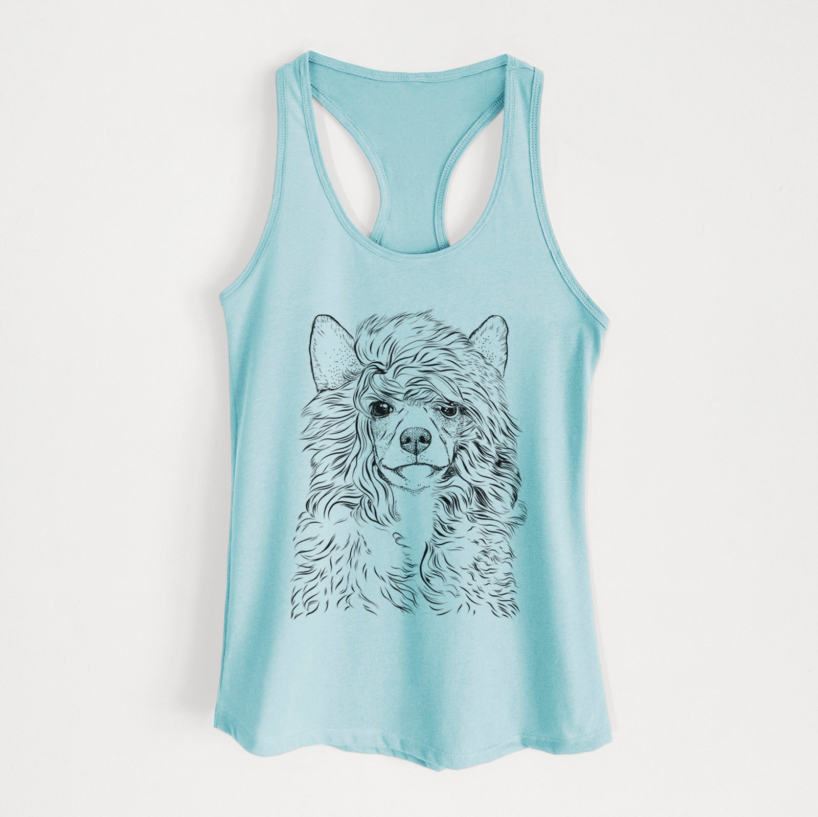 Hand-drawn sketch of Preston the Powderpuff Chinese Crested on a Cancun Blue Women's racerback tanktop
